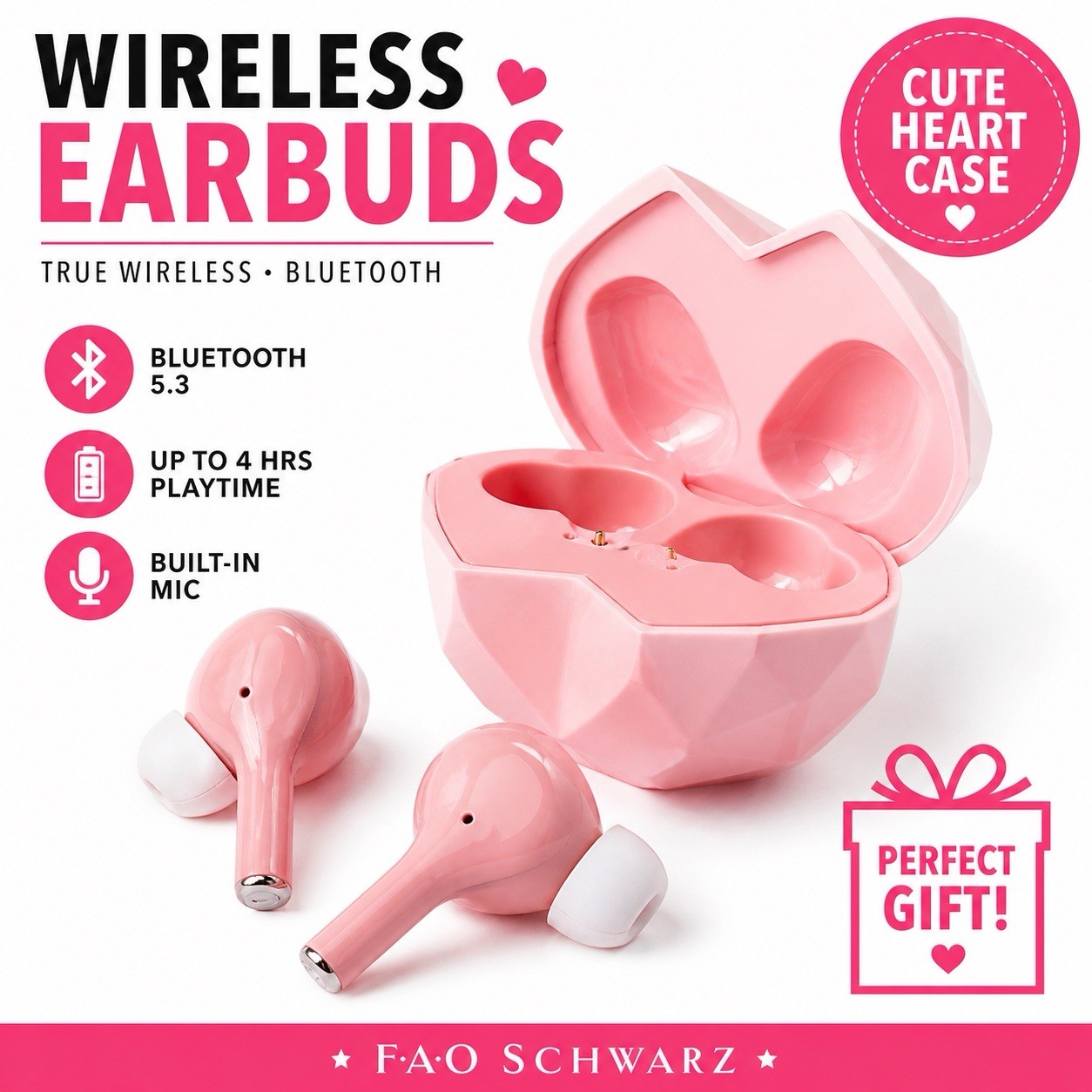 FAO Schwarz Heart Bluetooth Earbuds Pink Case Wireless Gift New