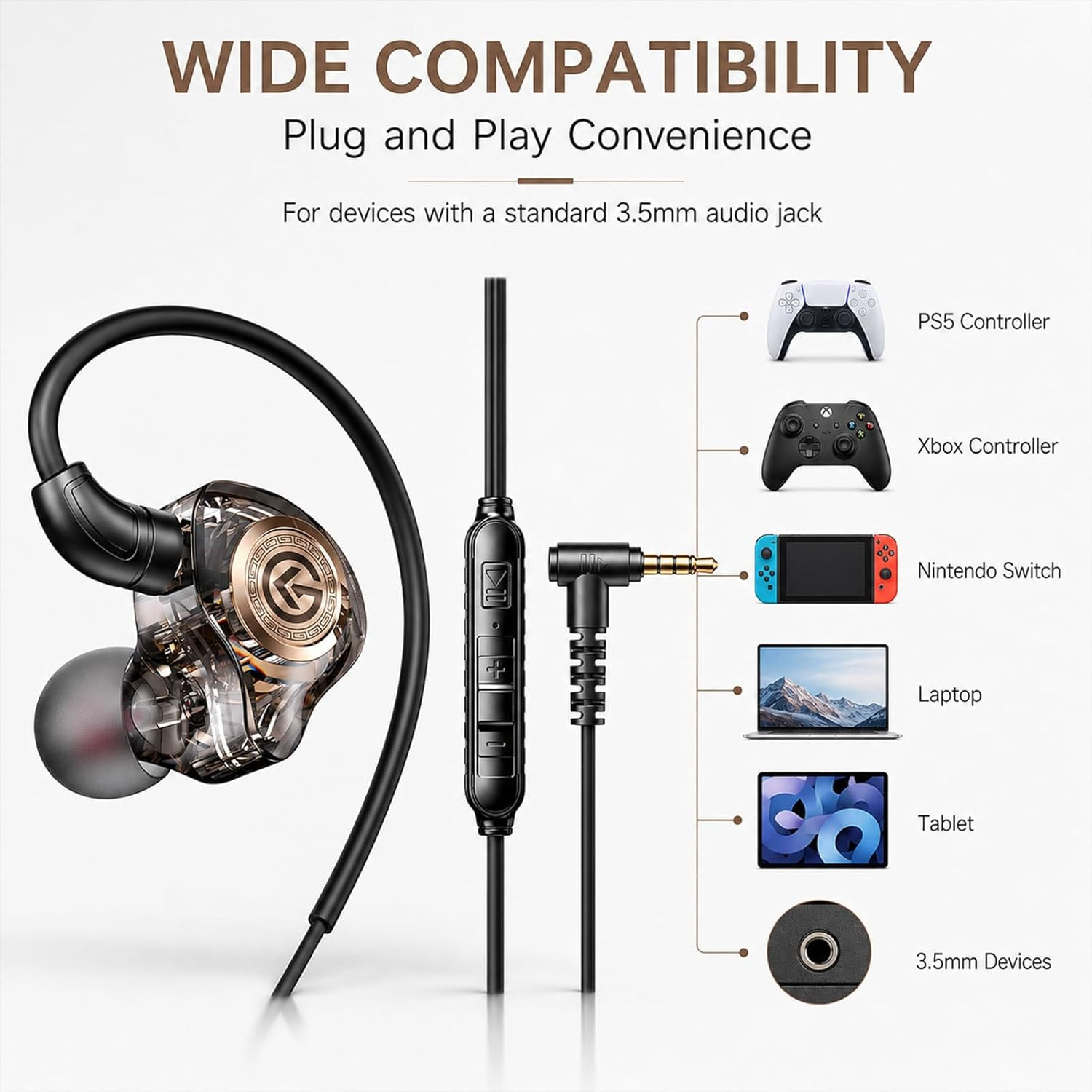Gaming Earbuds with Mic, Wired in-Ear Gaming Headphones, 10mm Driver, 3.5mm & US