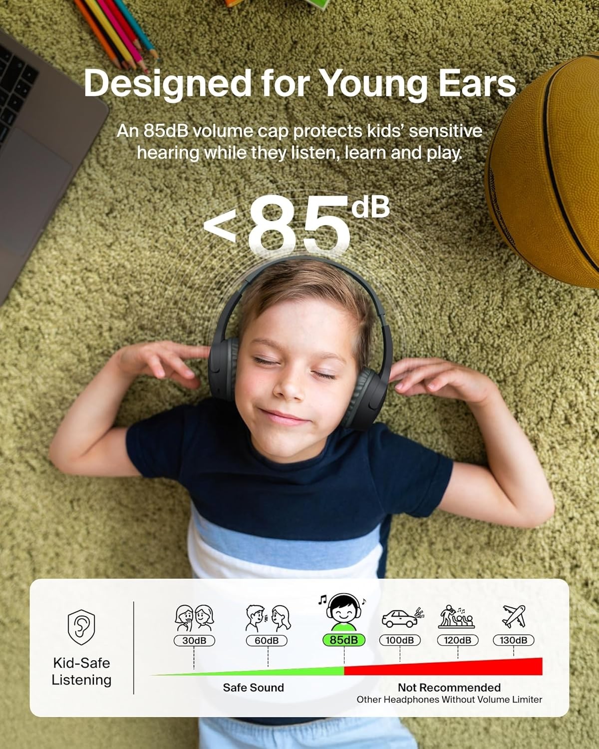Belkin Wireless Kids Headphones, Volume Safe, 30H Fast Charge, School, Black