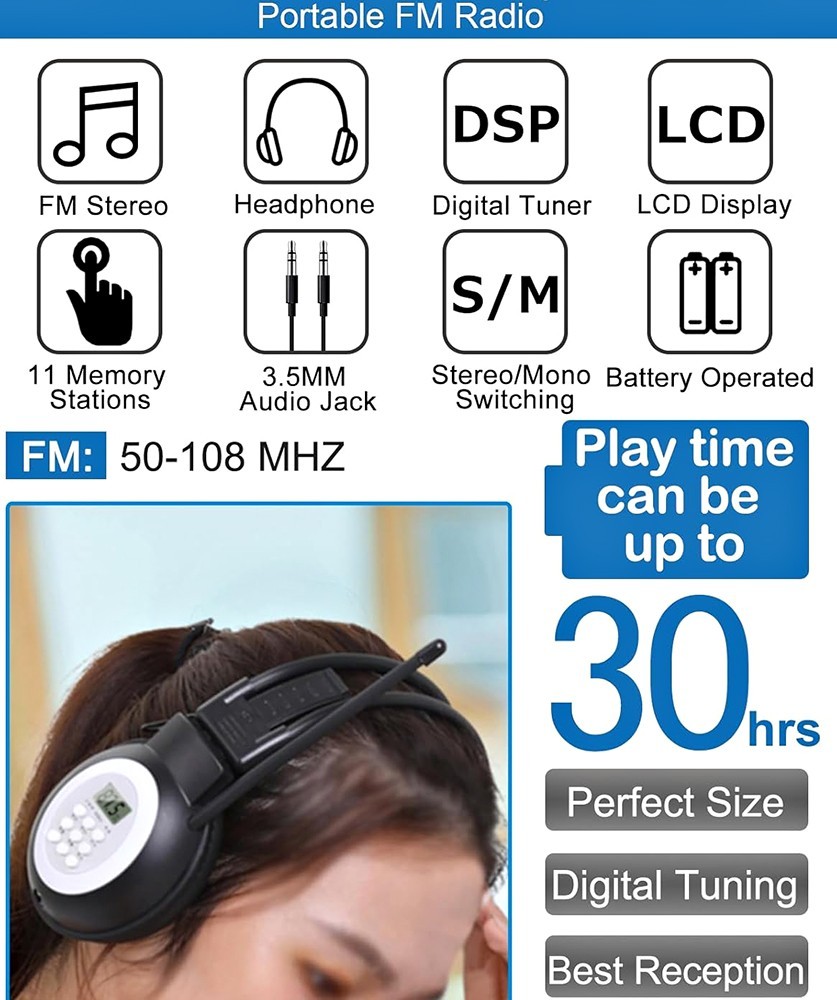 FM RADIO HEADPHONES DIGITAL DISPLAY FOLDABLE ADJUSTABLE EARMUFFS STEREO HEADSET
