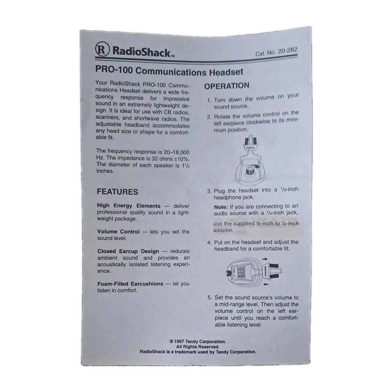 RadioShack PRO-100 Vintage Racing Communications Headset Model 20-282