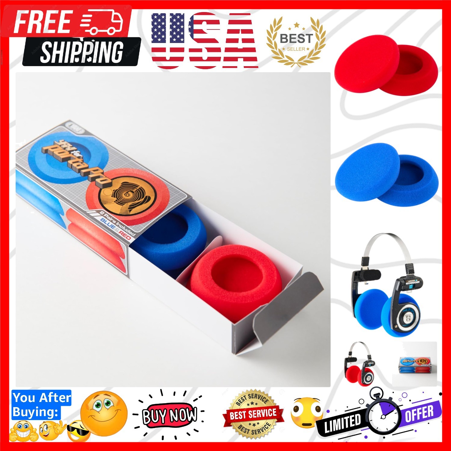 EARPADS for Koss PORTAPRO 2Pairs Blue+Red