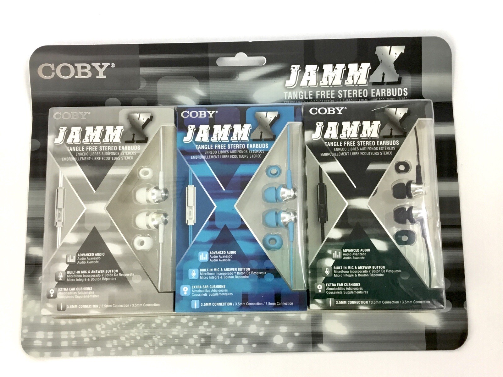 (3) – Coby JAMMX Tangle Free Stereo Earbuds Built-In Mic Black Blue White NEW