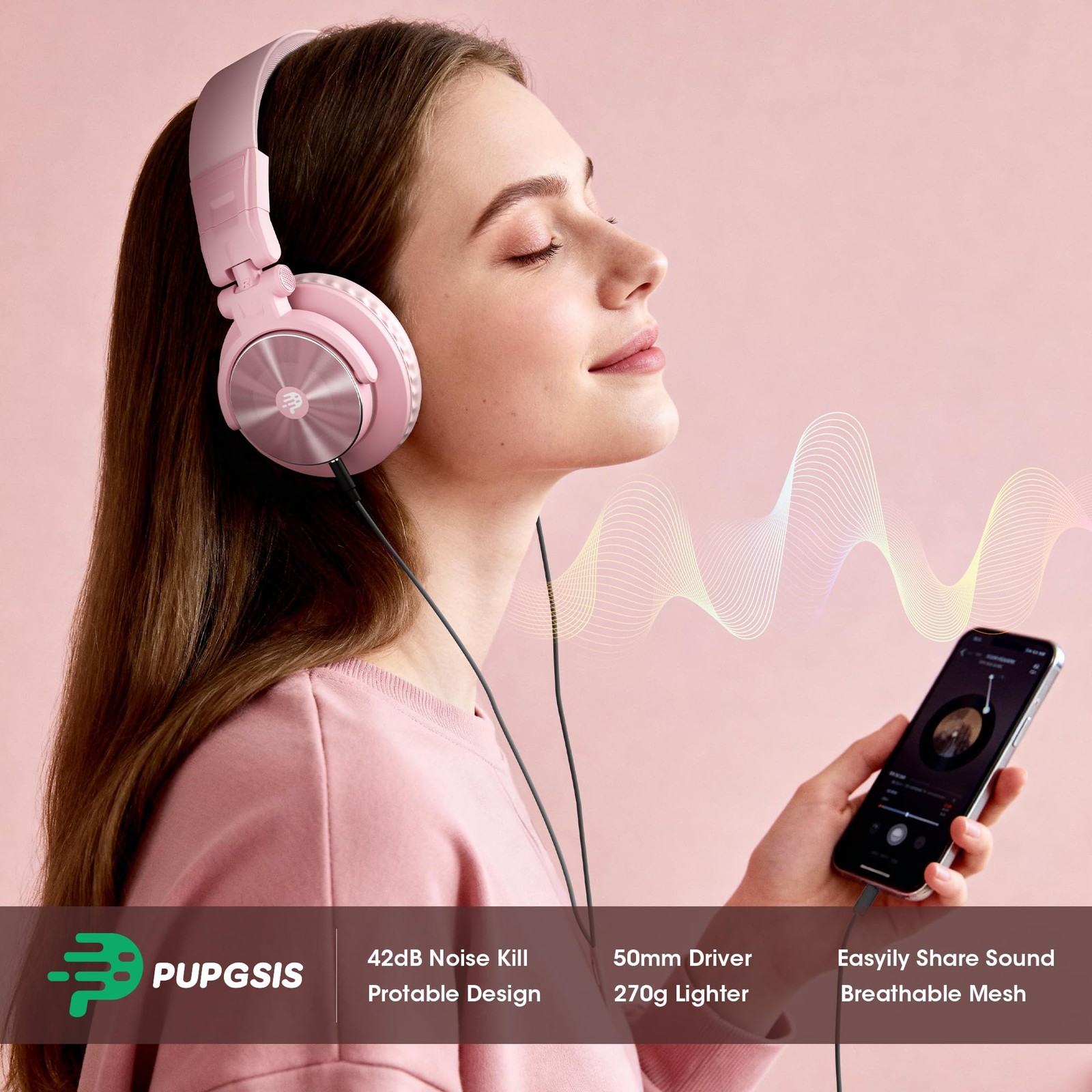 PUPGSIS Wired Studio Monitor Headphones, 50mm, Over~Ear, Pink