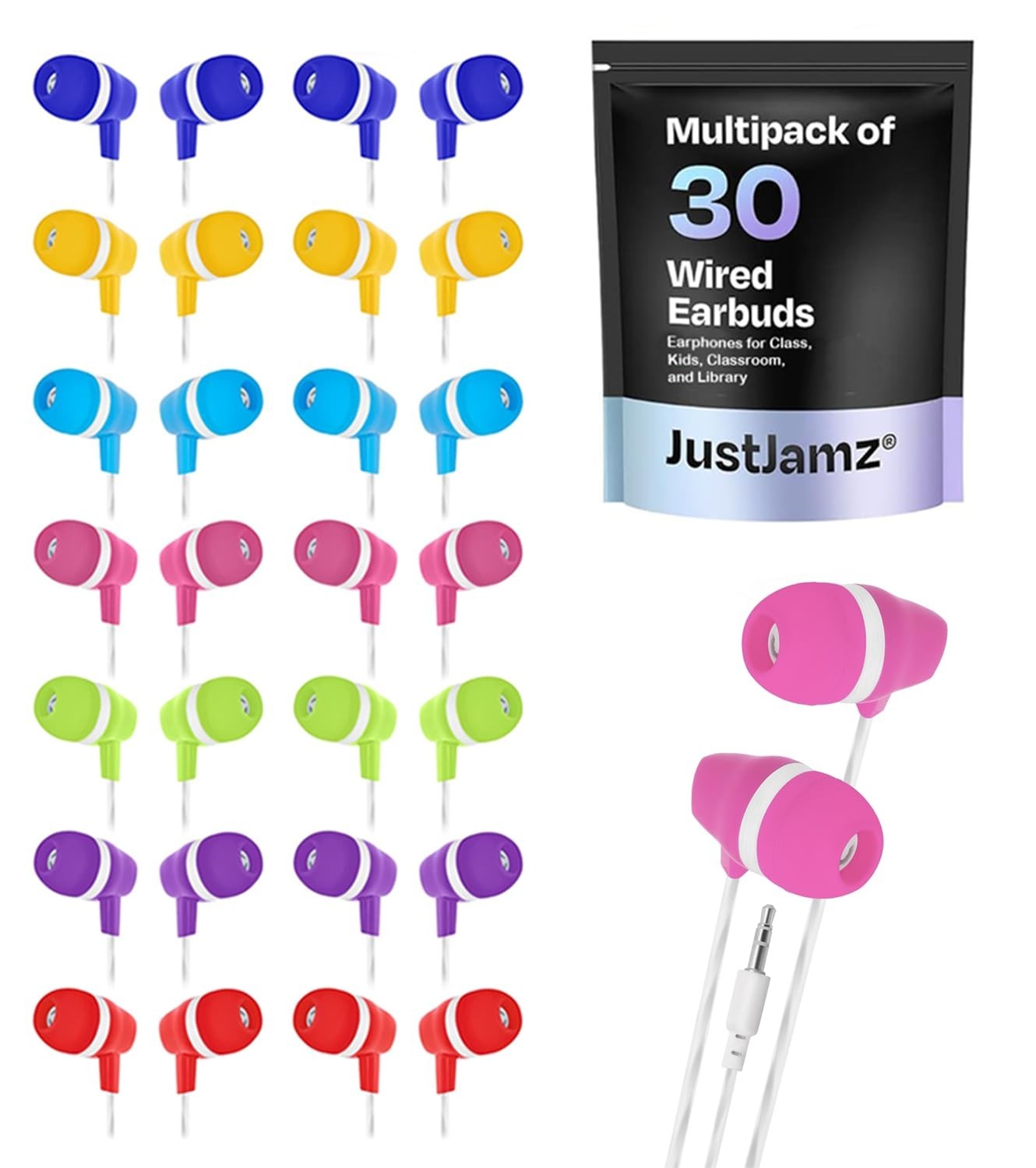 30 Pack Bulk Wired Earbuds for Kids – Classroom Earphones with 3.5mm Jack – Asso