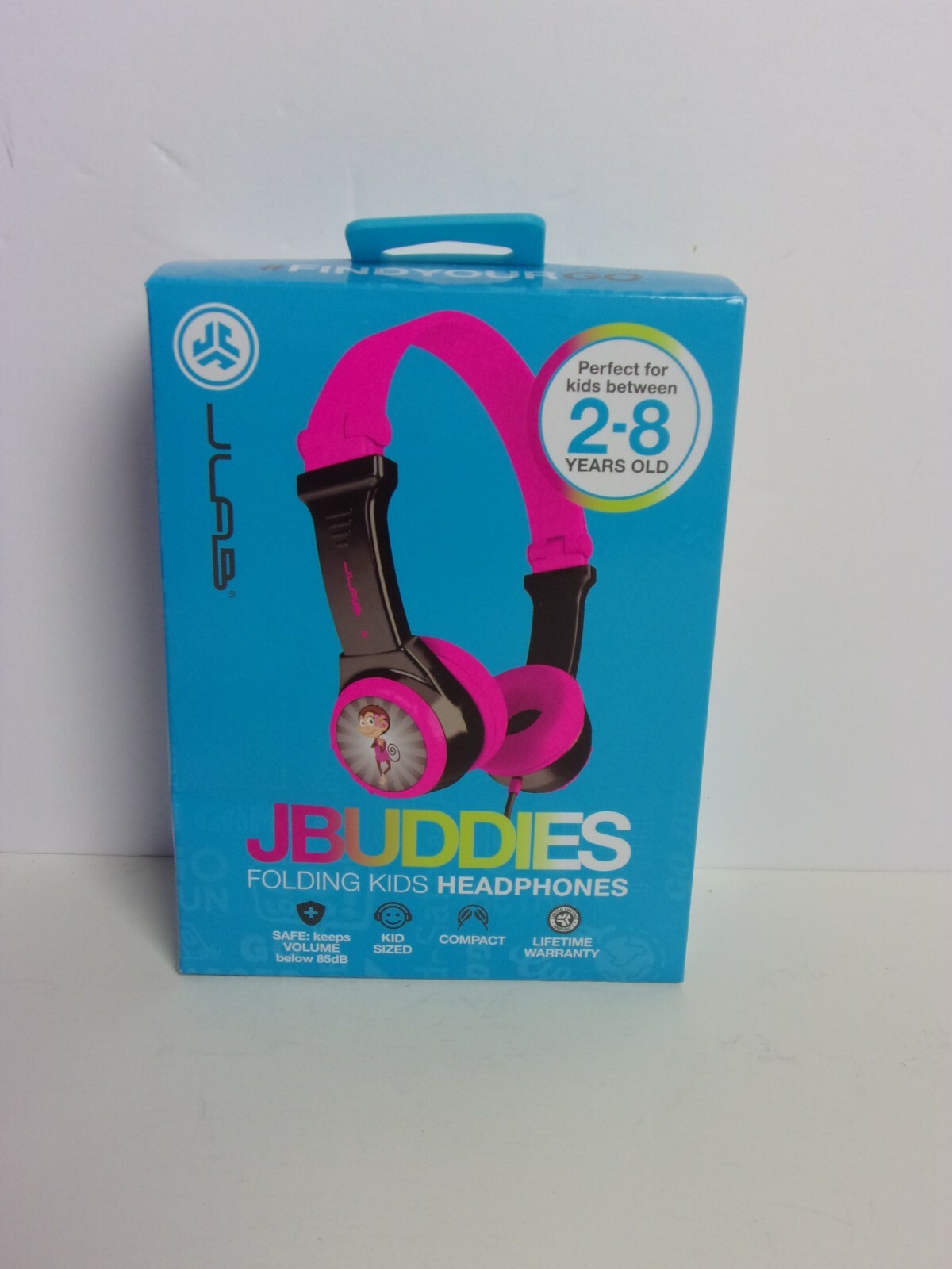 JBuddies Folding Kids Headphones Black/Pink w Monkey – For ages 2-8 – NEW Opened