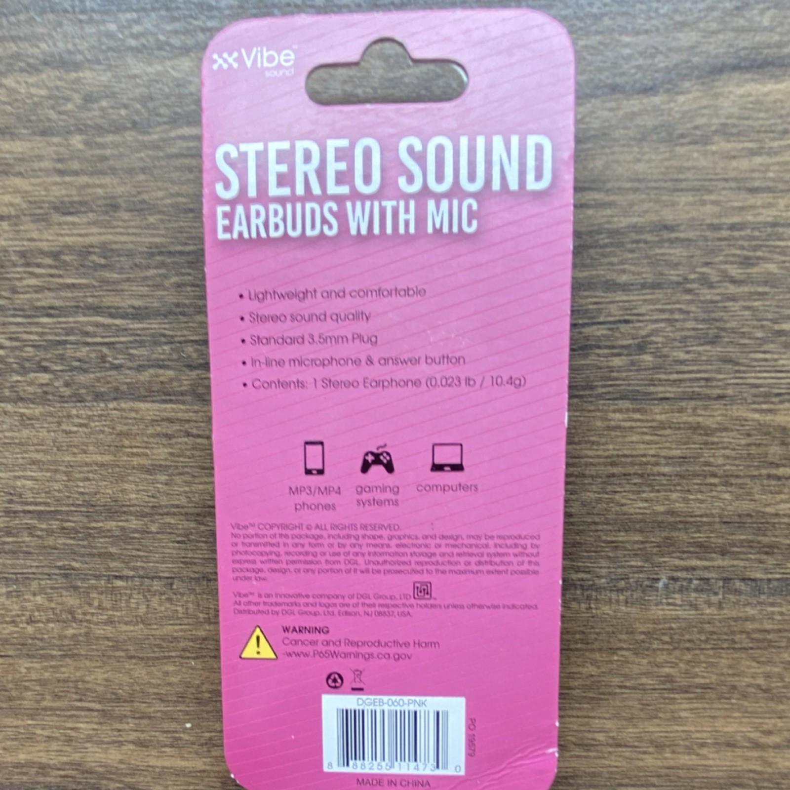 Vibe Pink Stereo In-Ear Earbuds w/ On-Cable Mic, 3.5mm Jack DGEB-060-PNK