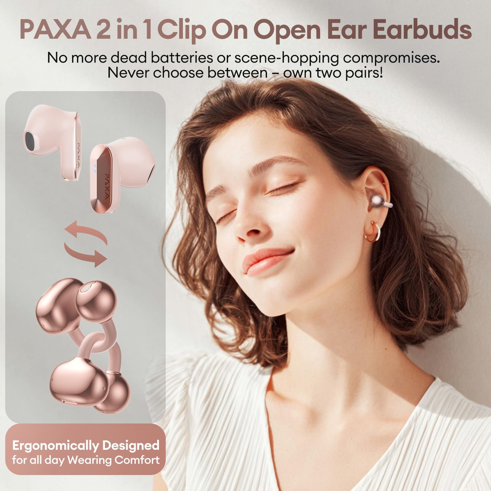2 in 1 Clip-on Earbuds Open Ear Headphones Bluetooth 6.0 Wireless Earbuds wit…