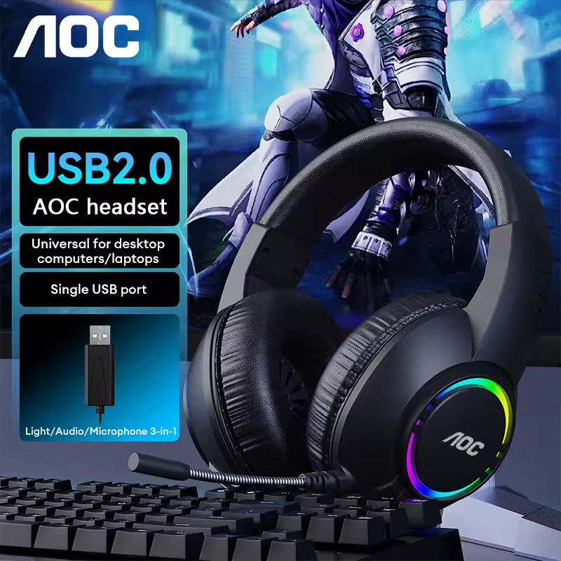 AOC USB Gaming Headset Compatible with PS5/4 Nintendo Switch Noise Canceling Mic