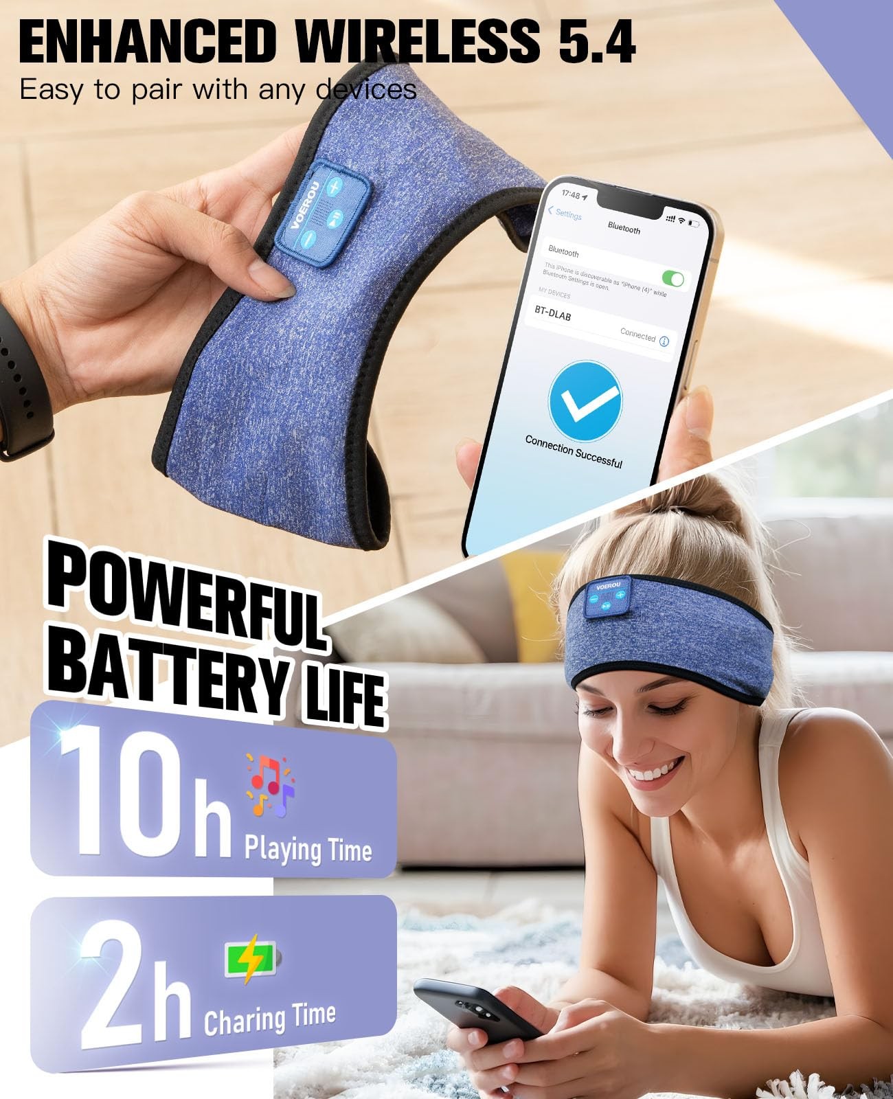 Voerou Sleep Headphones, Bluetooth 5.4 Headband for Men Women, Light Blue