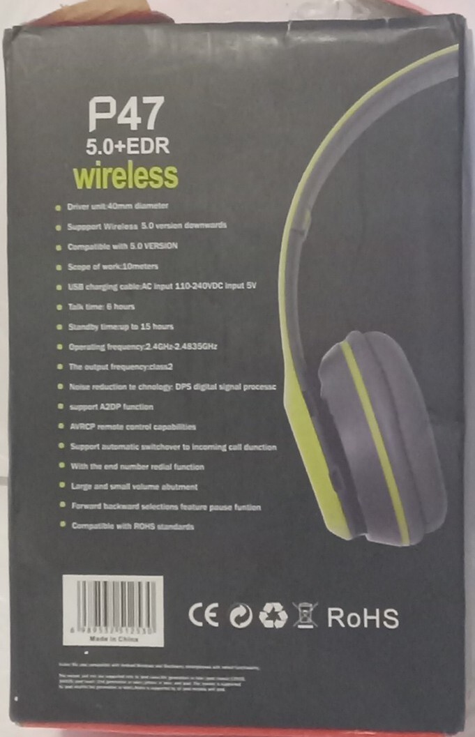 Bluetooth Headphones TF Card/FM Stereo Radio, MP3, P47 5.0+EDR Lime NEW Open Box