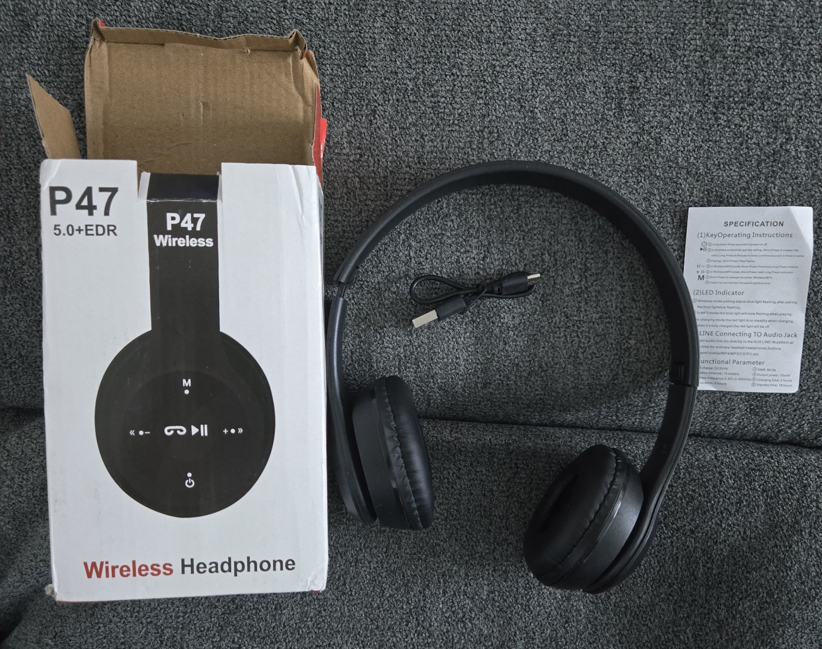 P47 5.0+EDR Wireless Folding On-Ear Headphone 40mm Driver Black w/ Line-in Cable