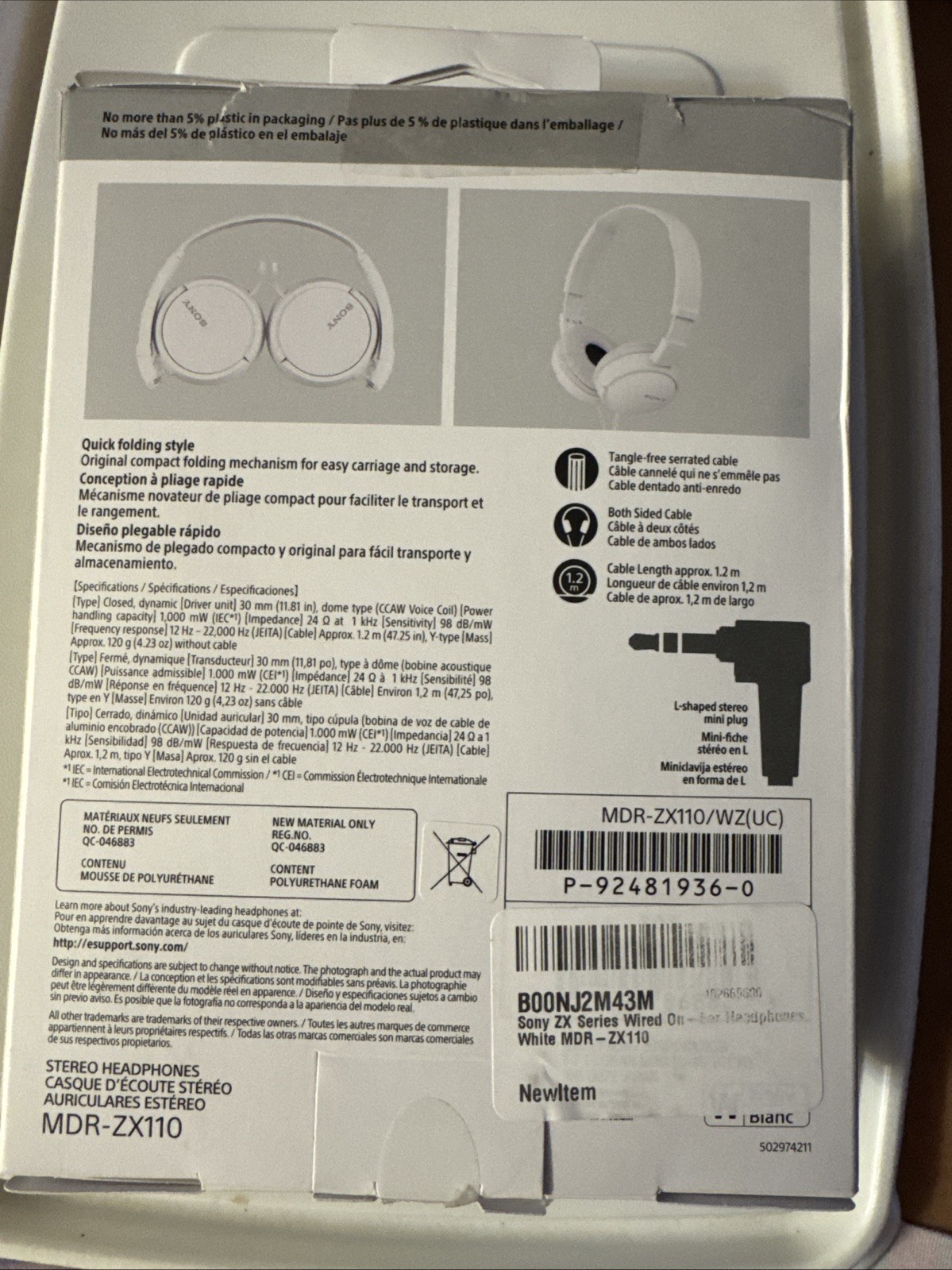 Sony MDR-ZX110 Ear-Pad (On the Ear) Headband Headphones – White