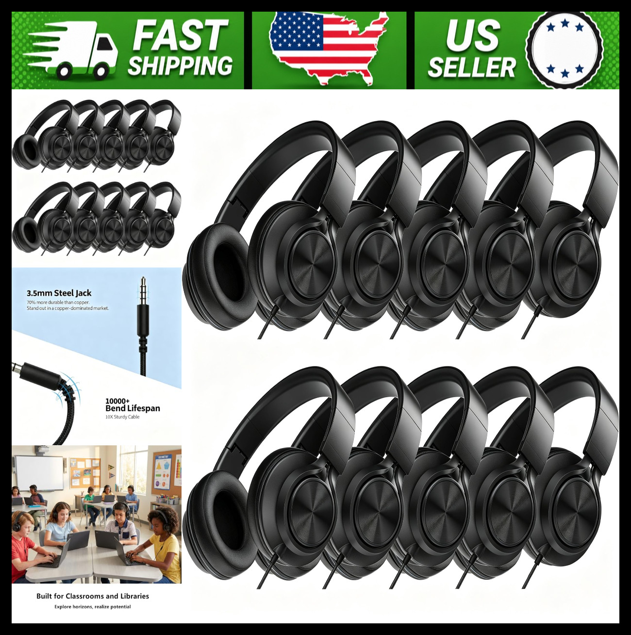 10-Pack Wired Classroom Headphones 3.5mm Jack
