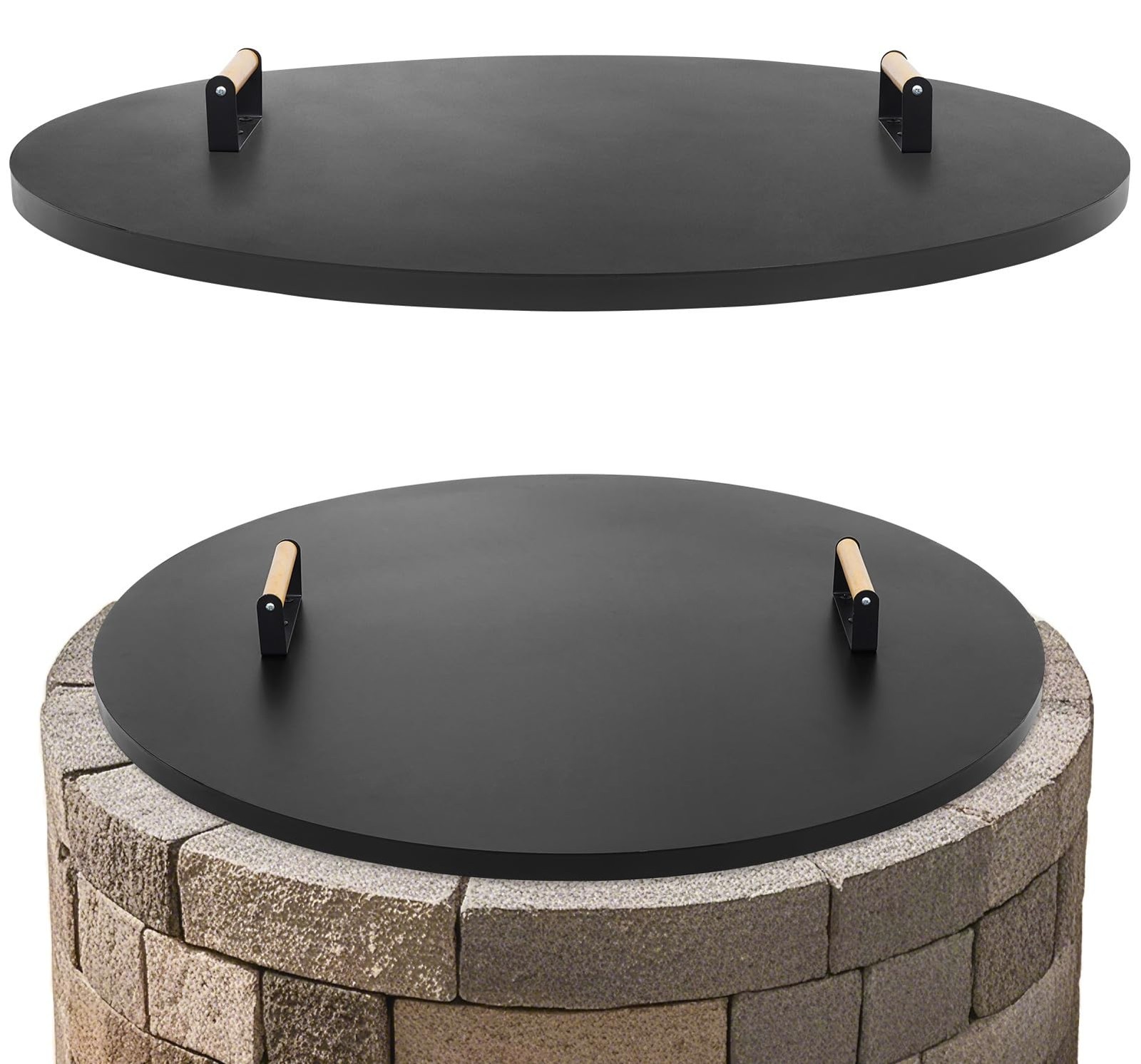 Fire Pit Lid Round 36″ – Metal Firepits Cover with Wooden Handles for Patio F…