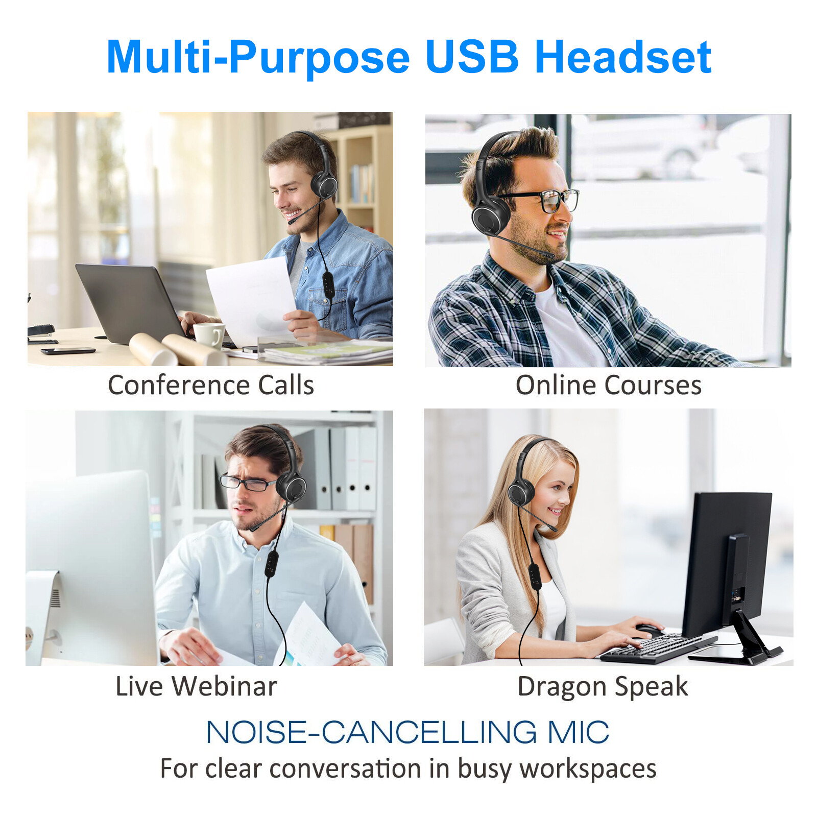 USB Headset Built-in Noise Cancelling Microphones Stereo Wired Mic for PC Laptop