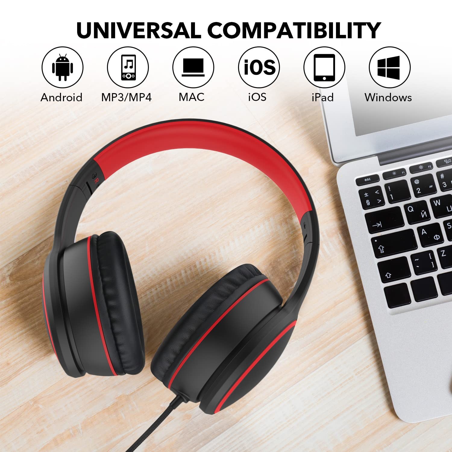 R10 Over Ear Wired Headphones Microphone Folding Stereo Bass Headset 1.5M Cord