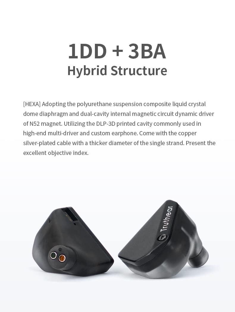 Black Hybrid Headphones with 1DD 3BA Drivers and DLP 3D Printed Cavity