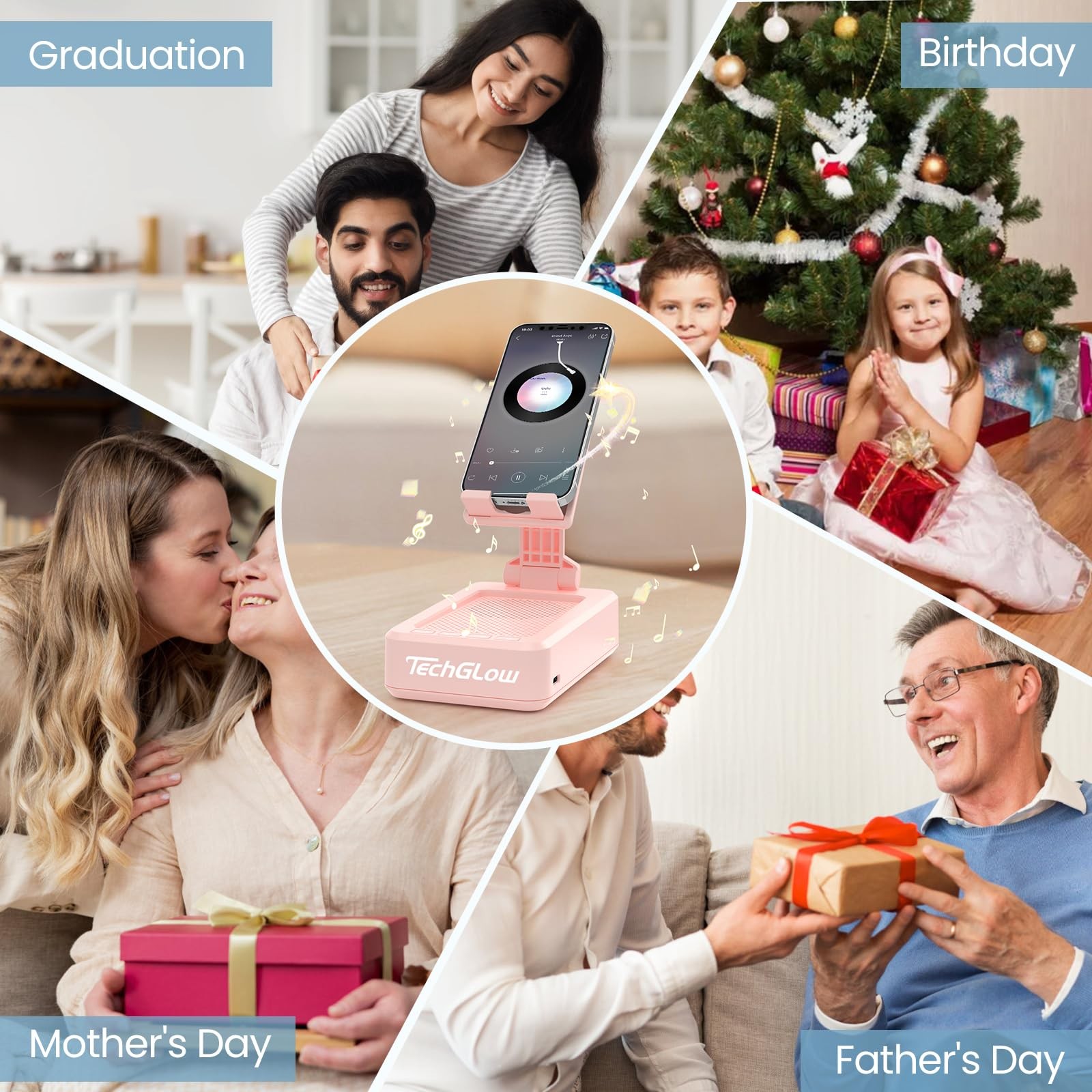 TechGlow Gift for Women Foldable Cellphone Stand with Bluetooth Speaker Pink