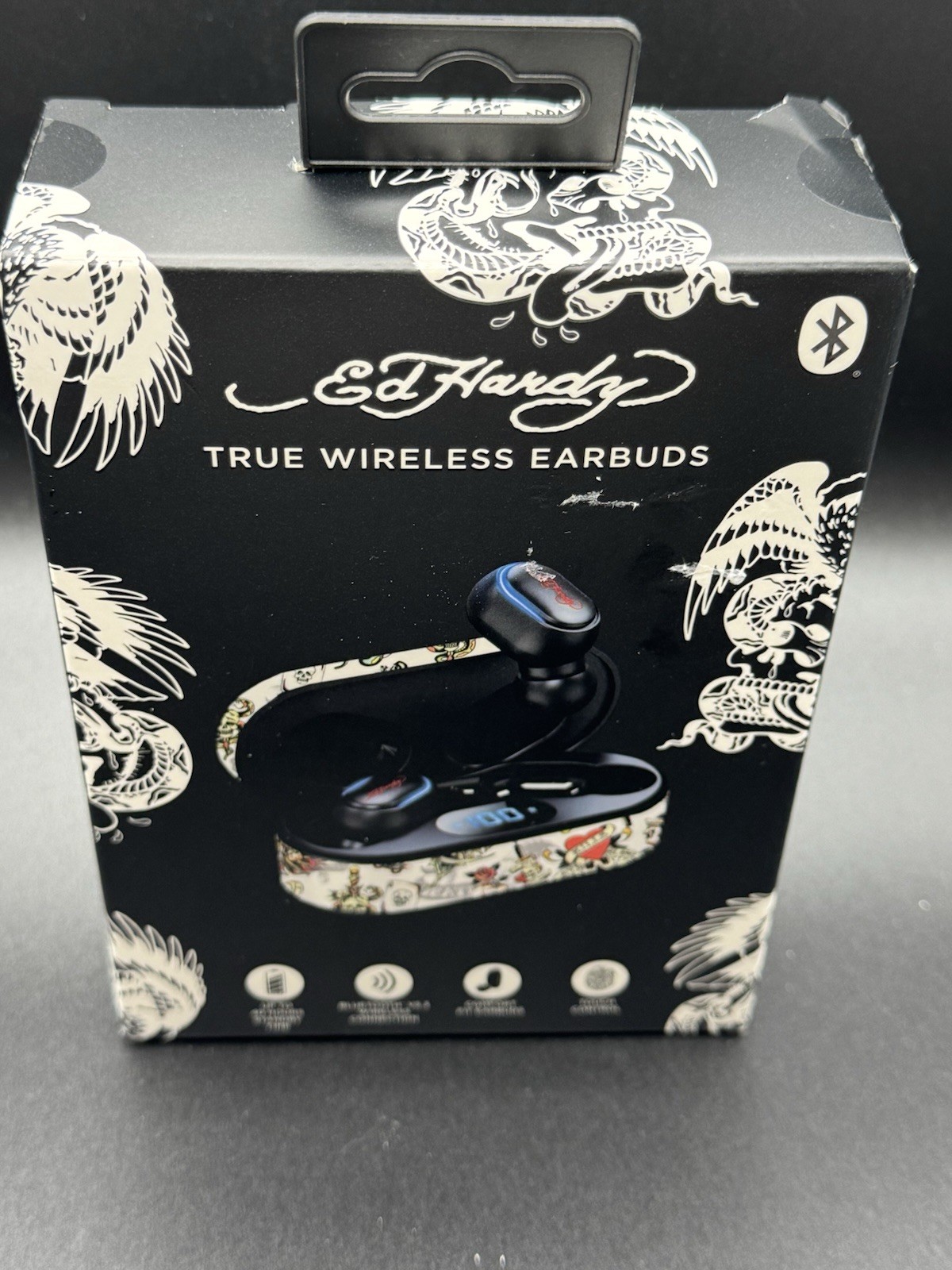 Ed Hardy True Wireless Bluetooth In-Ear Earbuds w/ Touch & Mic, Black/White