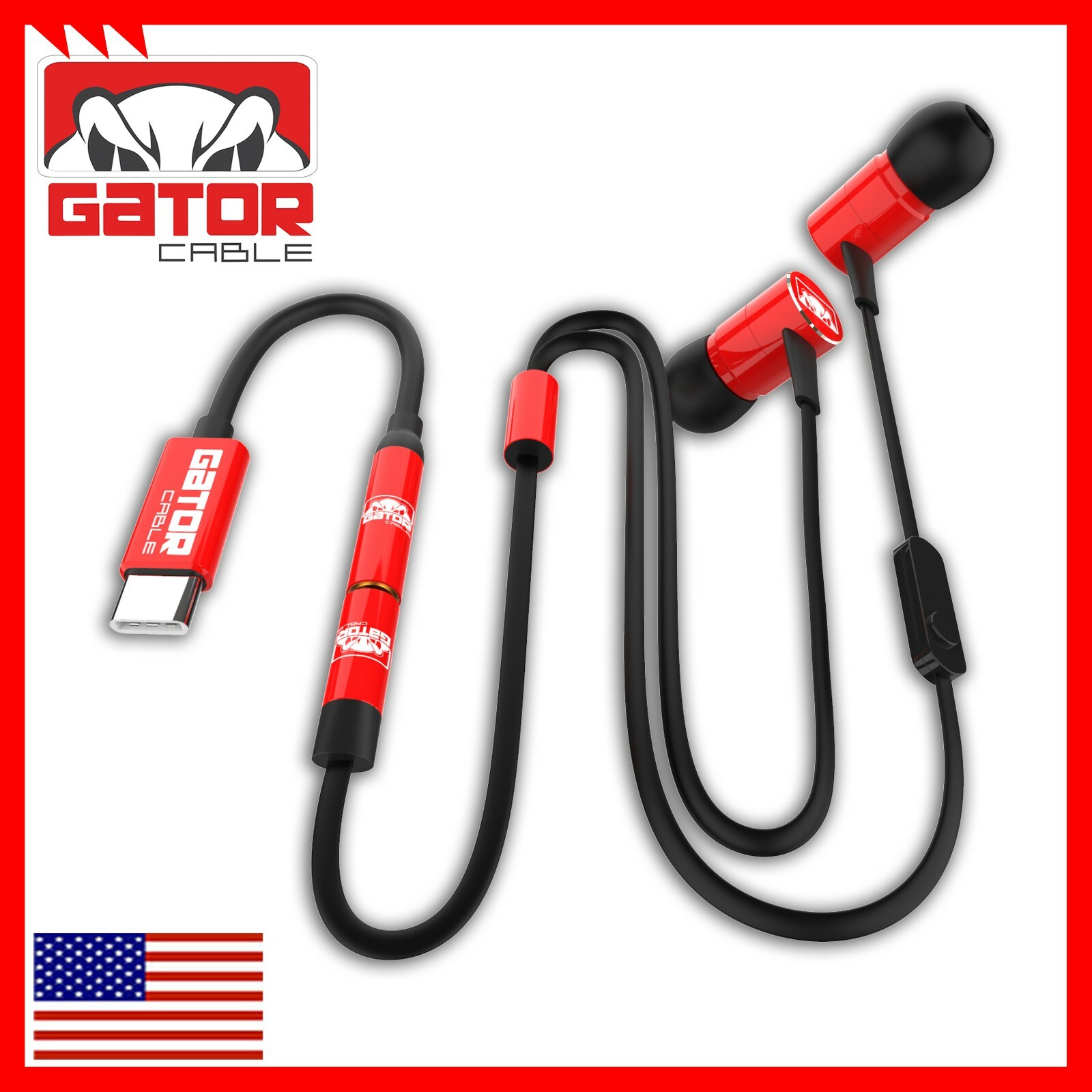 USB-C Wired Earphones Headphones Earbuds Bass Stereo Microphone AUX Adapter Red
