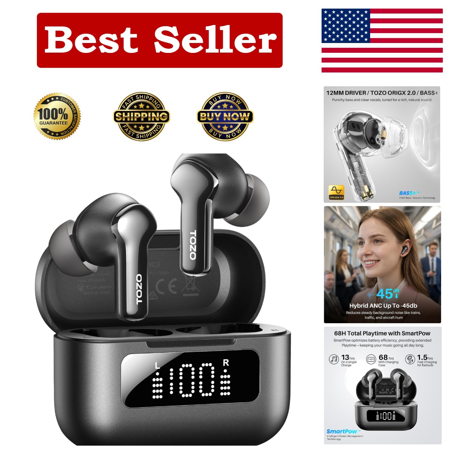 68-Hour ANC Wireless Earbuds with 6 Mics & Waterproof Design for All-Day Use
