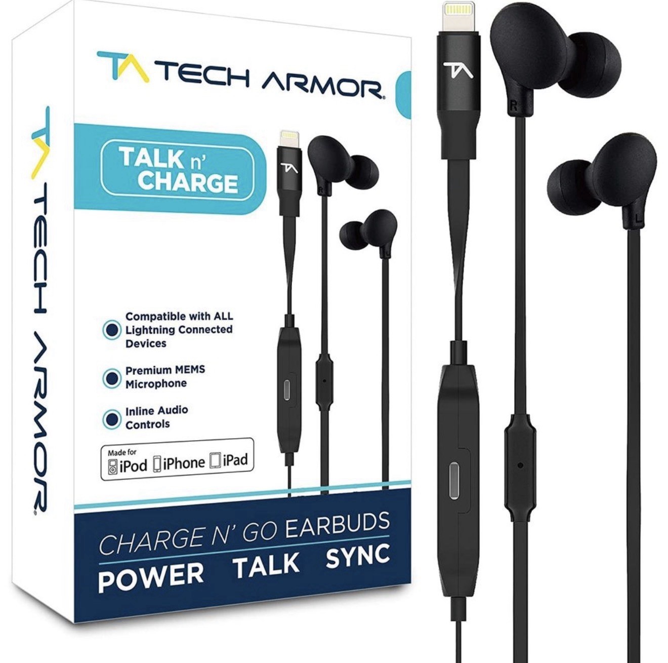 Tech Armor Talk n’ Charge Charge N’ Go Lightning In-Ear Earbuds Mic Black