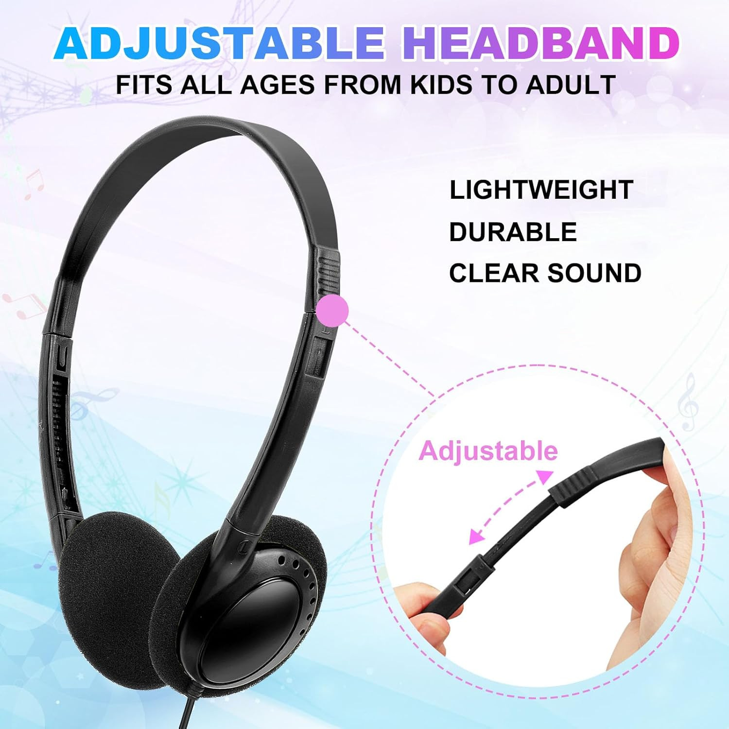 Bulk Headphones 50 Pack for Classroom School Kids, Wholesale Wired Adjustable on