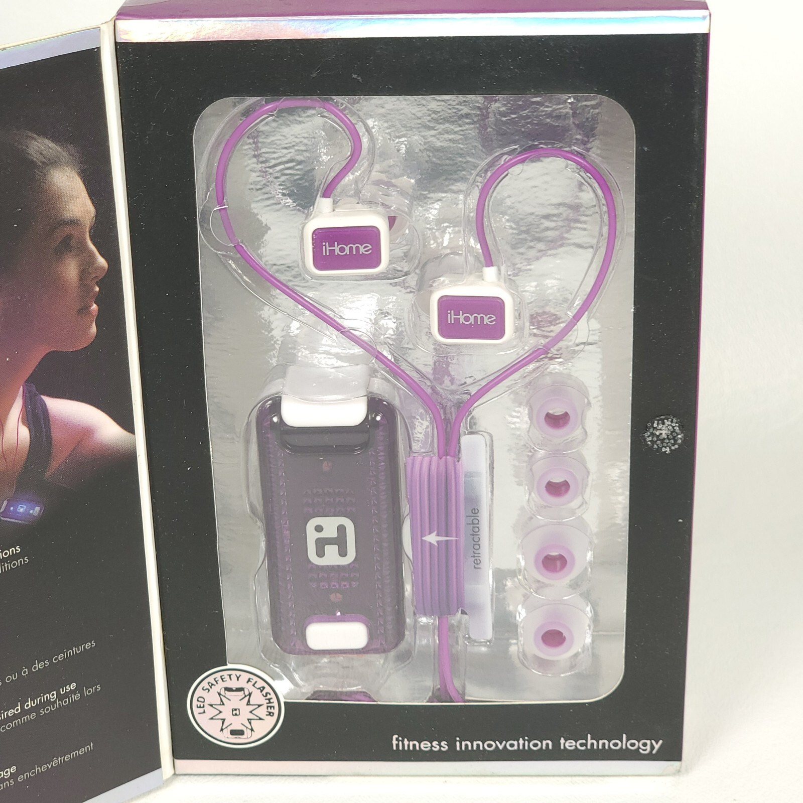 iHome Fit iB12WU Purple White Fitness Earbuds with Charger & Safety Flasher