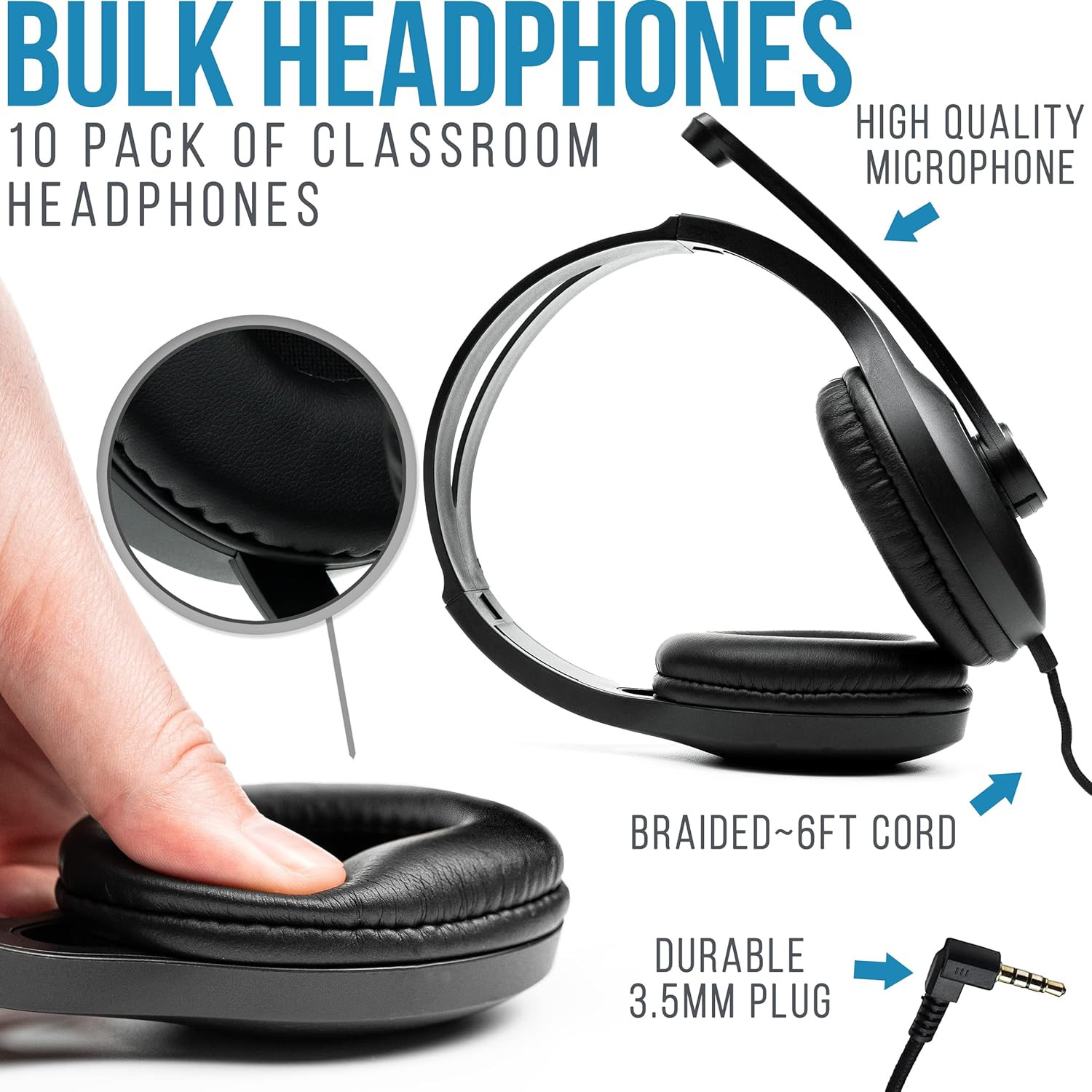 Classroom Headphones with Microphone (10 Pack) – On-Ear Bulk Headphones with Mic