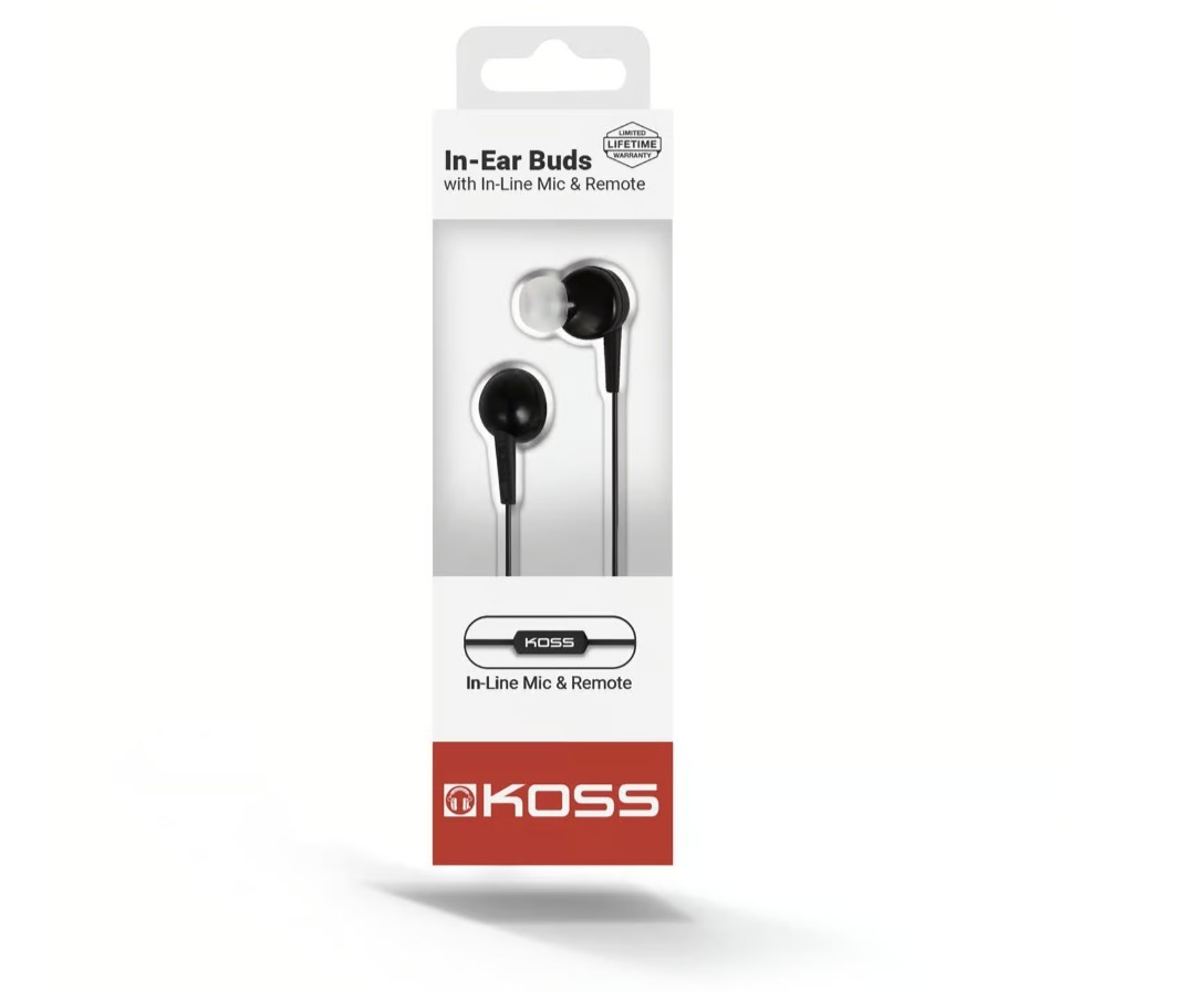 Koss Black Stereo In-Ear buds In-line Mic, 16-20kHz, 3.5mm Jack, Ships From USA