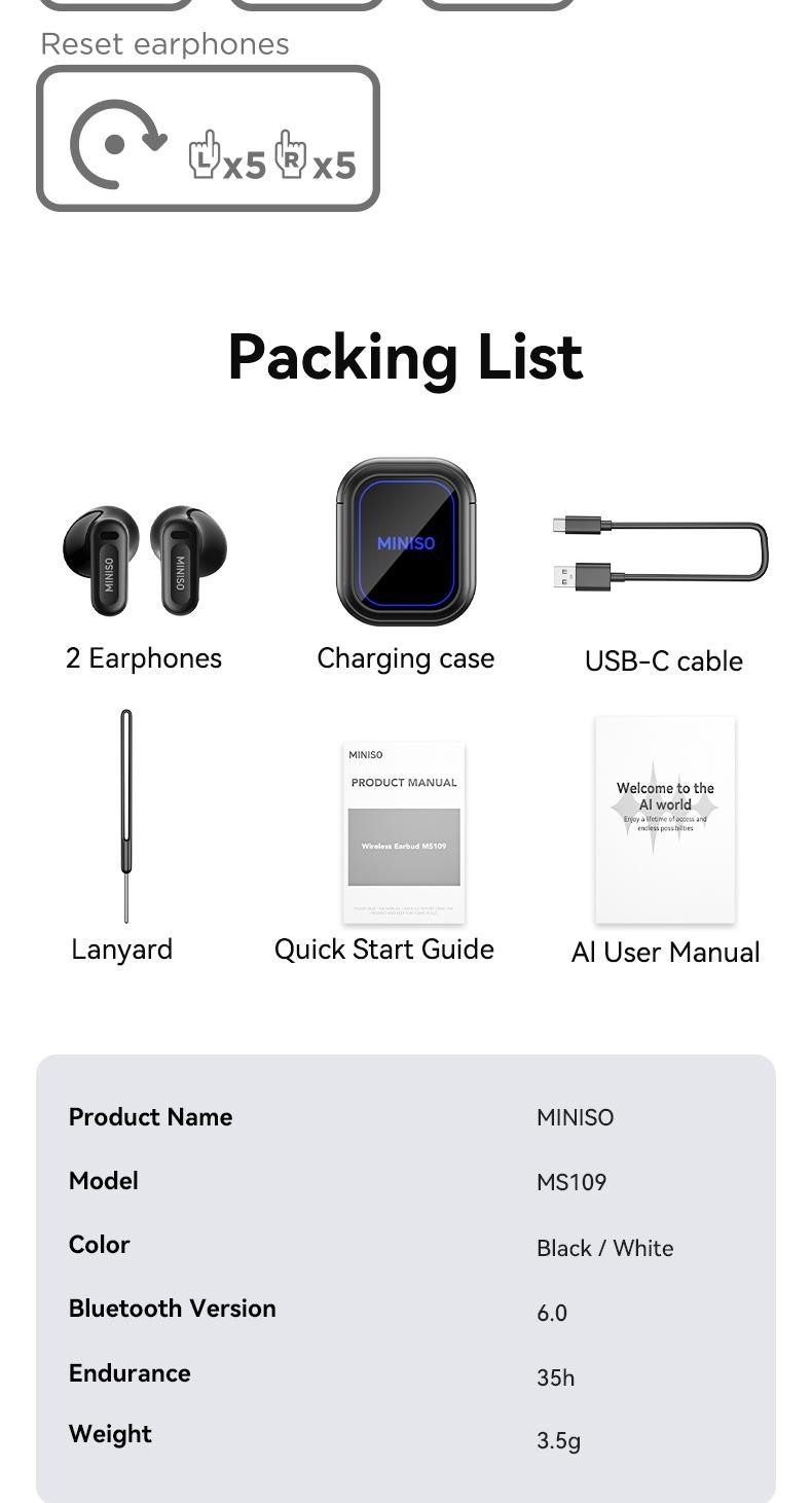 Miniso Earphones Earbuds With Ai Voice Translation Does Not Fall Off Easily NEW