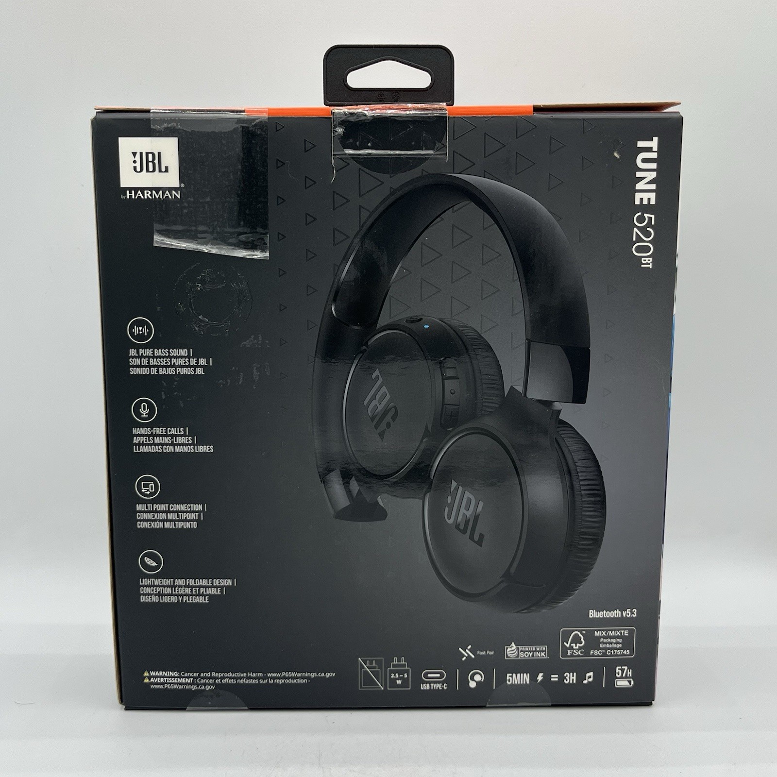 JBL Harman Tune 520BT Bluetooth Wireless On-Ear Headphones Black New Sealed Box