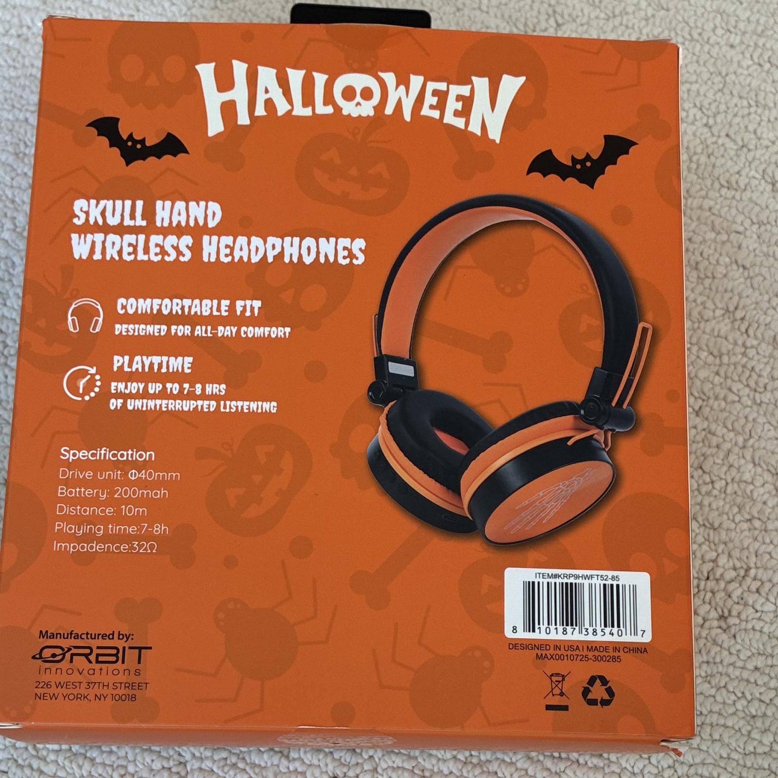 Orbit Innovations Skull Hand Wireless Over-Ear Headphones Black/Orange