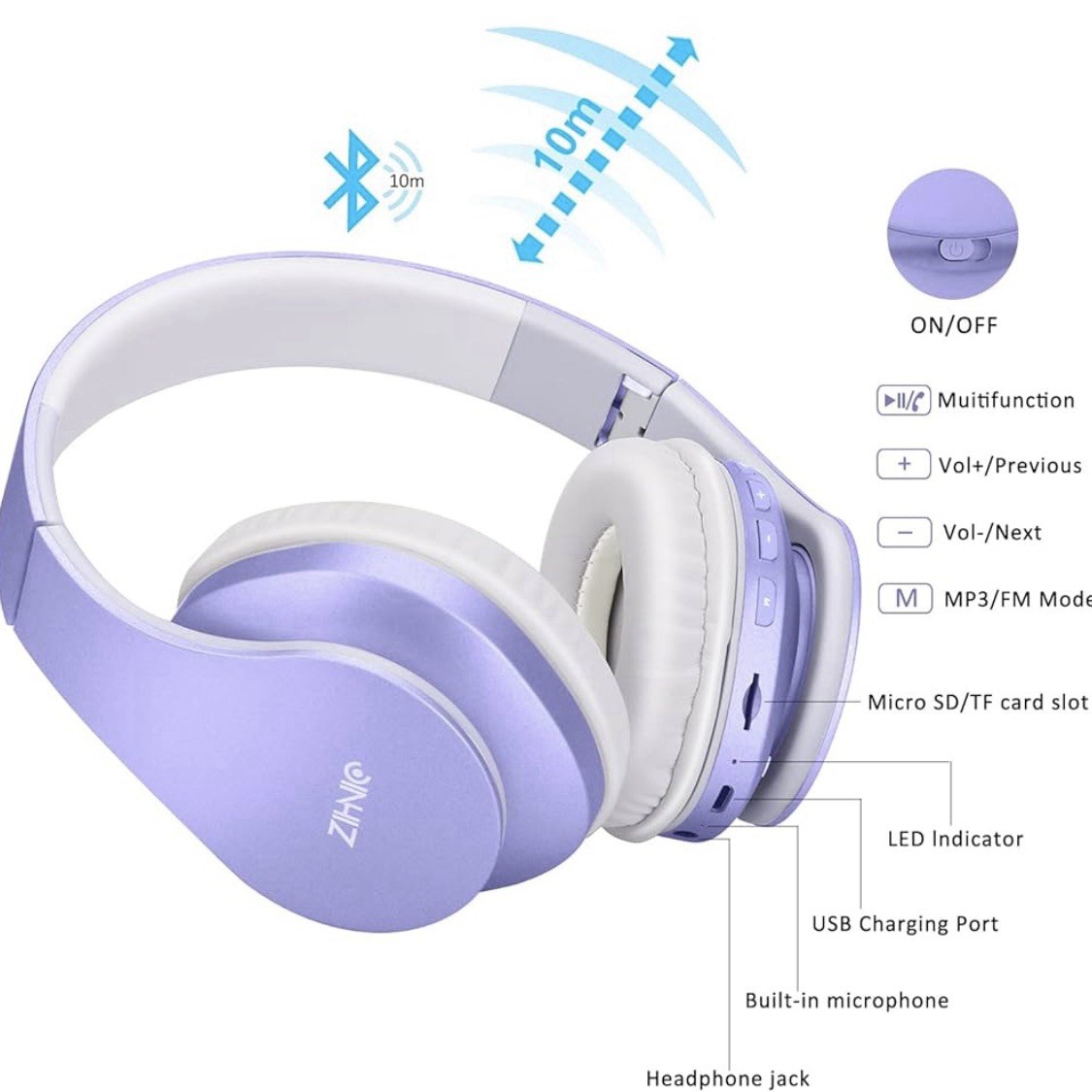 ZIHNIC Bluetooth Headphones Over-Ear, Foldable Wireless and Wired Stereo Headset