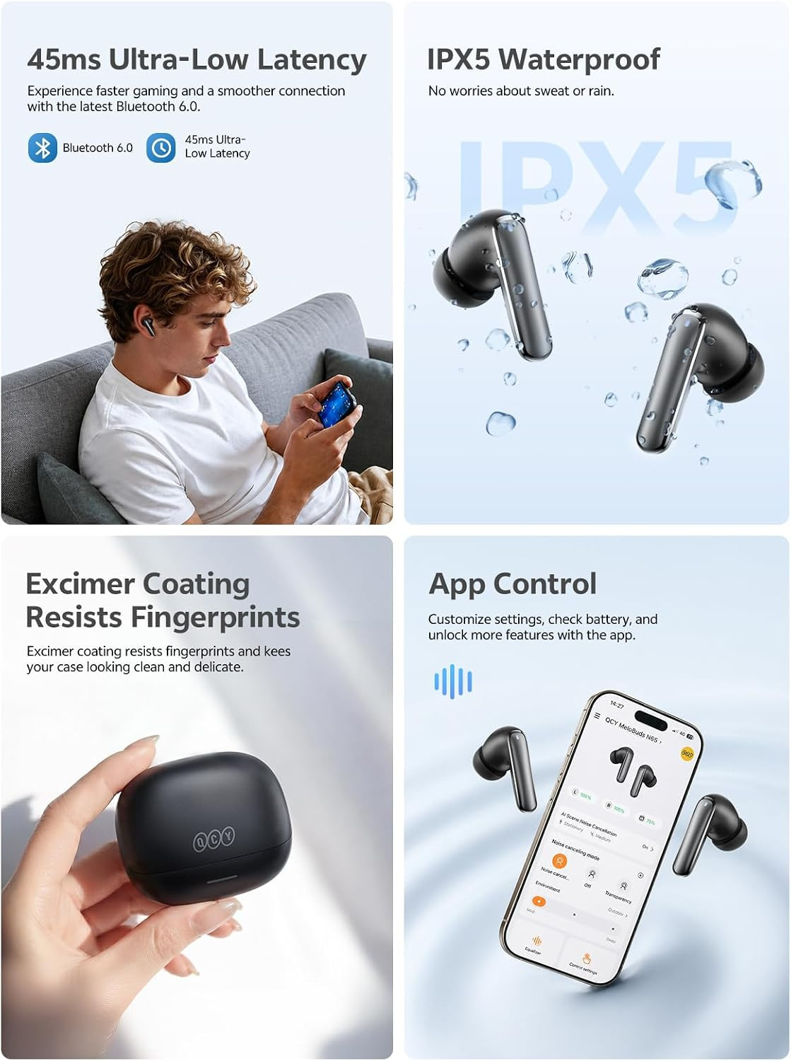 QCY MeloBuds N65 Wireless Earbuds, AI Adaptive Noise Cancelling, 60dB ANC Ear Bu