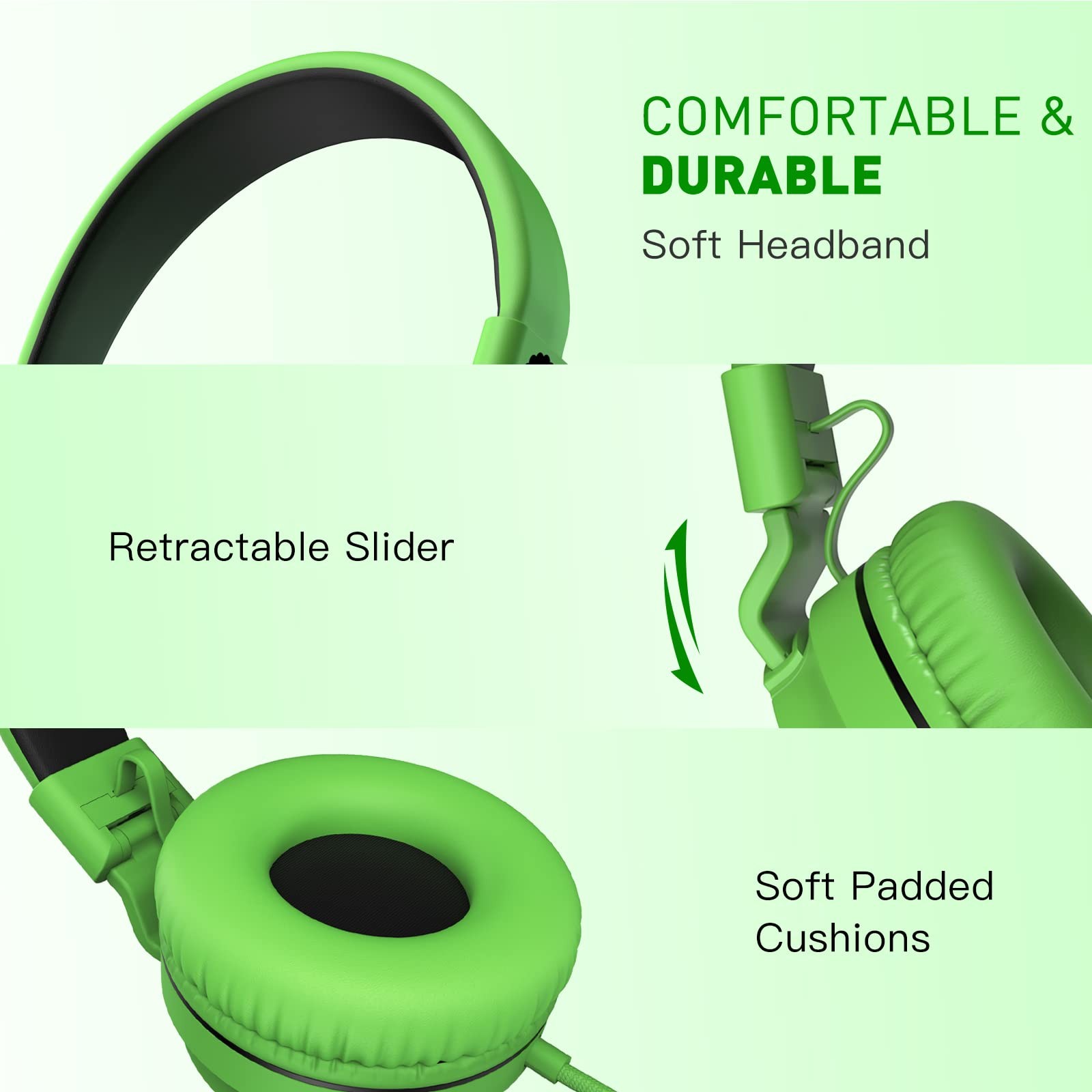 Black Green 950 Wired Headphones for Kids with Microphone 3.5mm Jack On-Ear