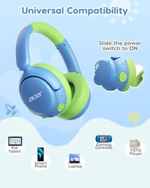 acer Kids Bluetooth Headphones, 85dB Volume Limiter, Foldable Blue-Green