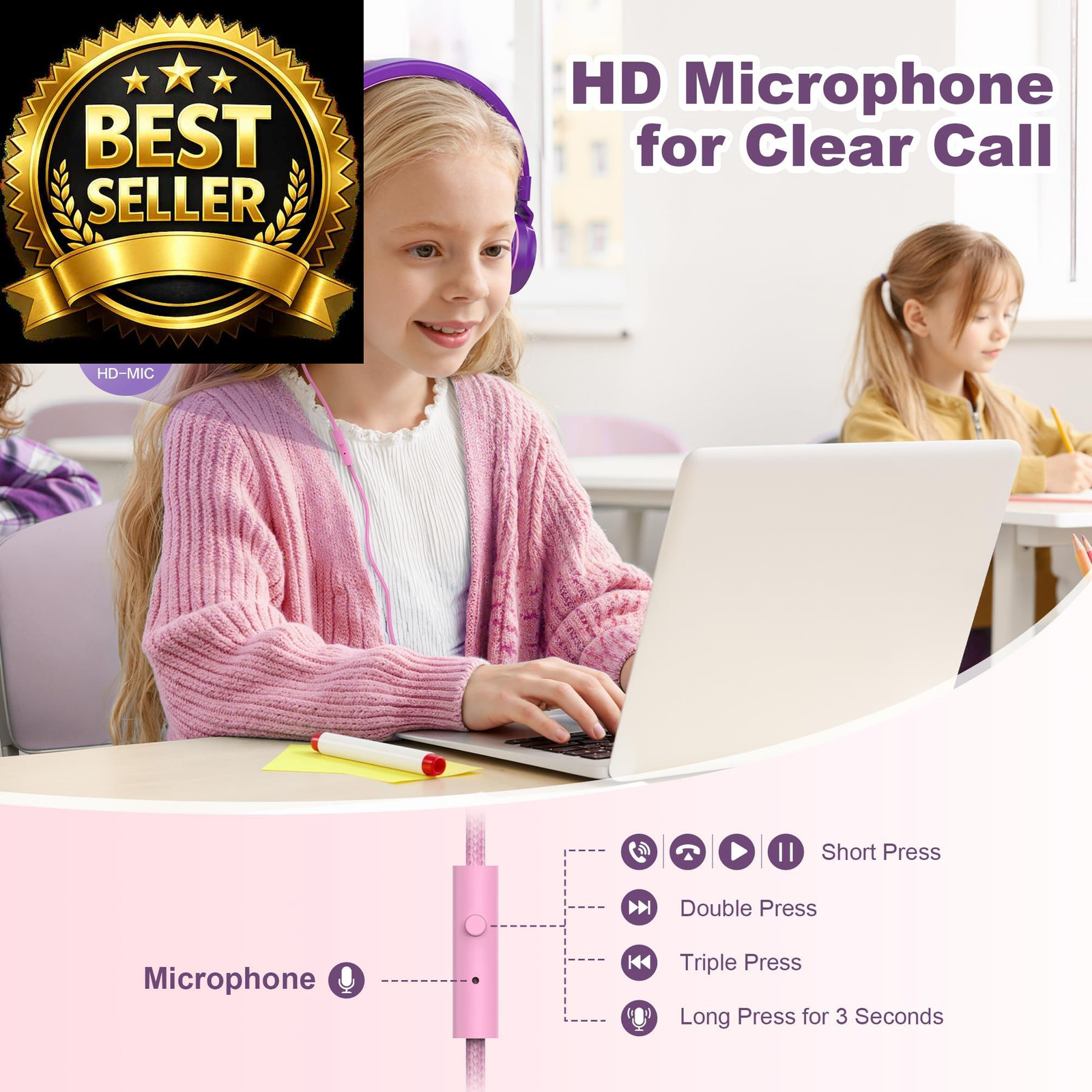 Kids Headphones, Wired Headphones for On Ear with small, Pink Purple