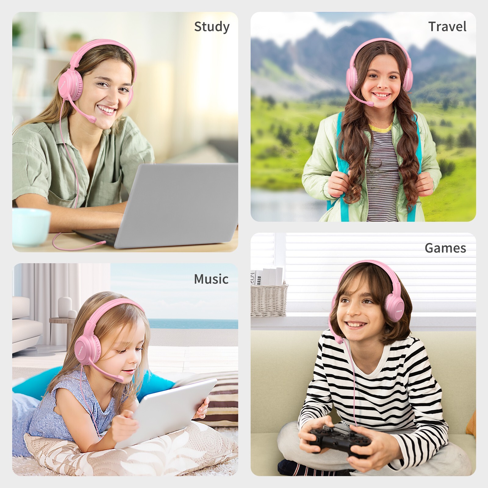 SIMOLIO 4 color Kids Headphones & Boom Microphone for School – iPad, PC, Laptop