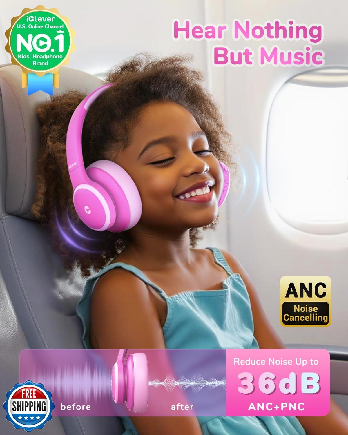 iClever BTH26 Active Noise Cancelling Headphones for Kids, 60H Play Time, Saf