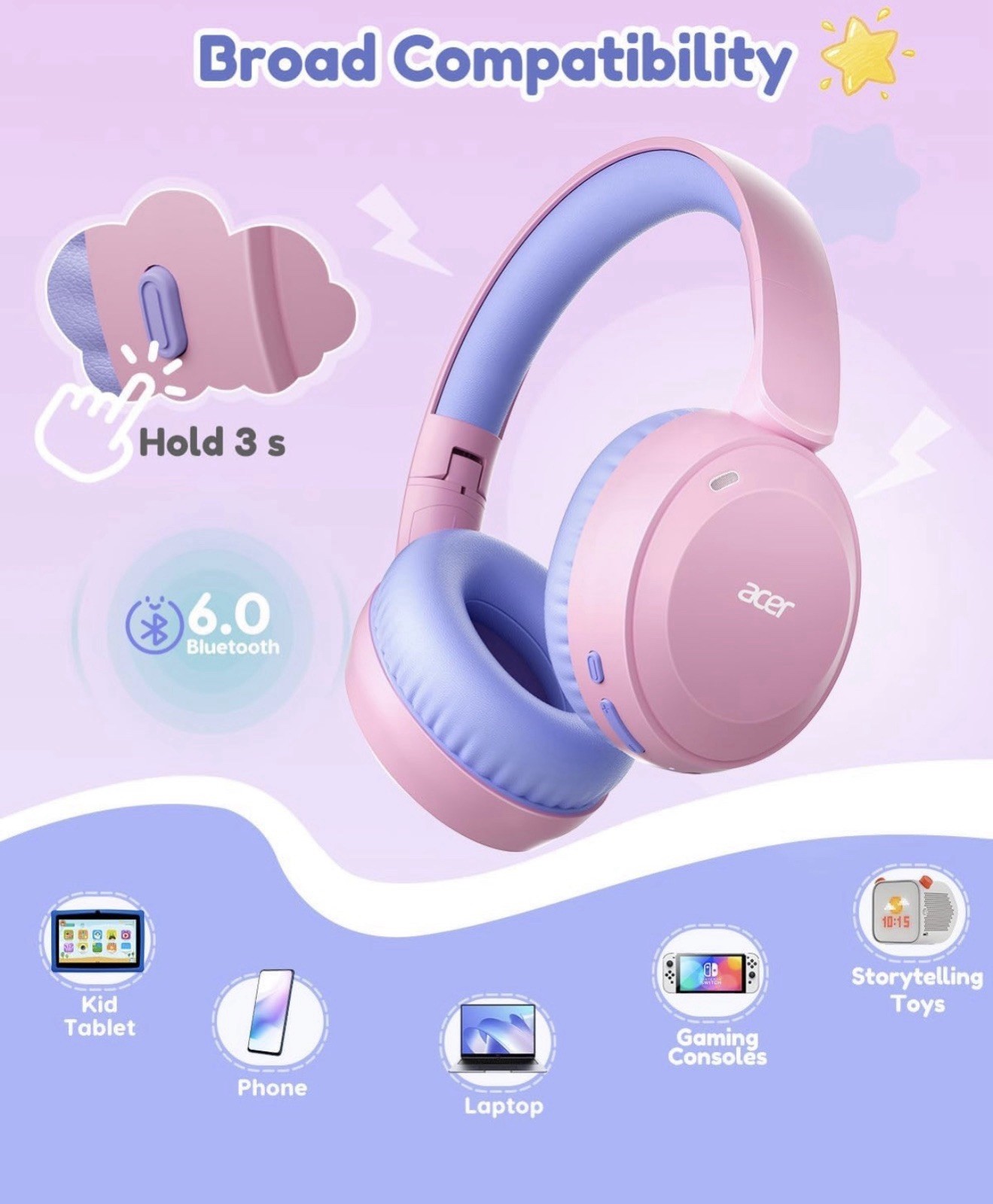 acer Kids Bluetooth Headphones, 85/94dB Volume Limiter, Foldable Pink