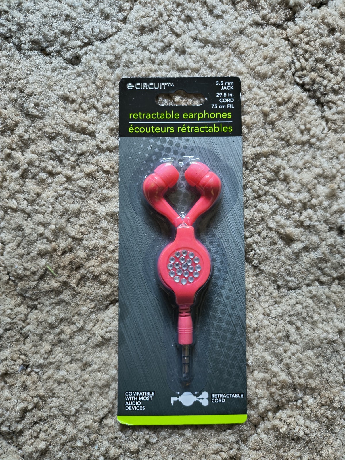 Circuit Retractable Stereo Earphones 3.5mm Jack Pink NEW Factory Sealed Earbuds
