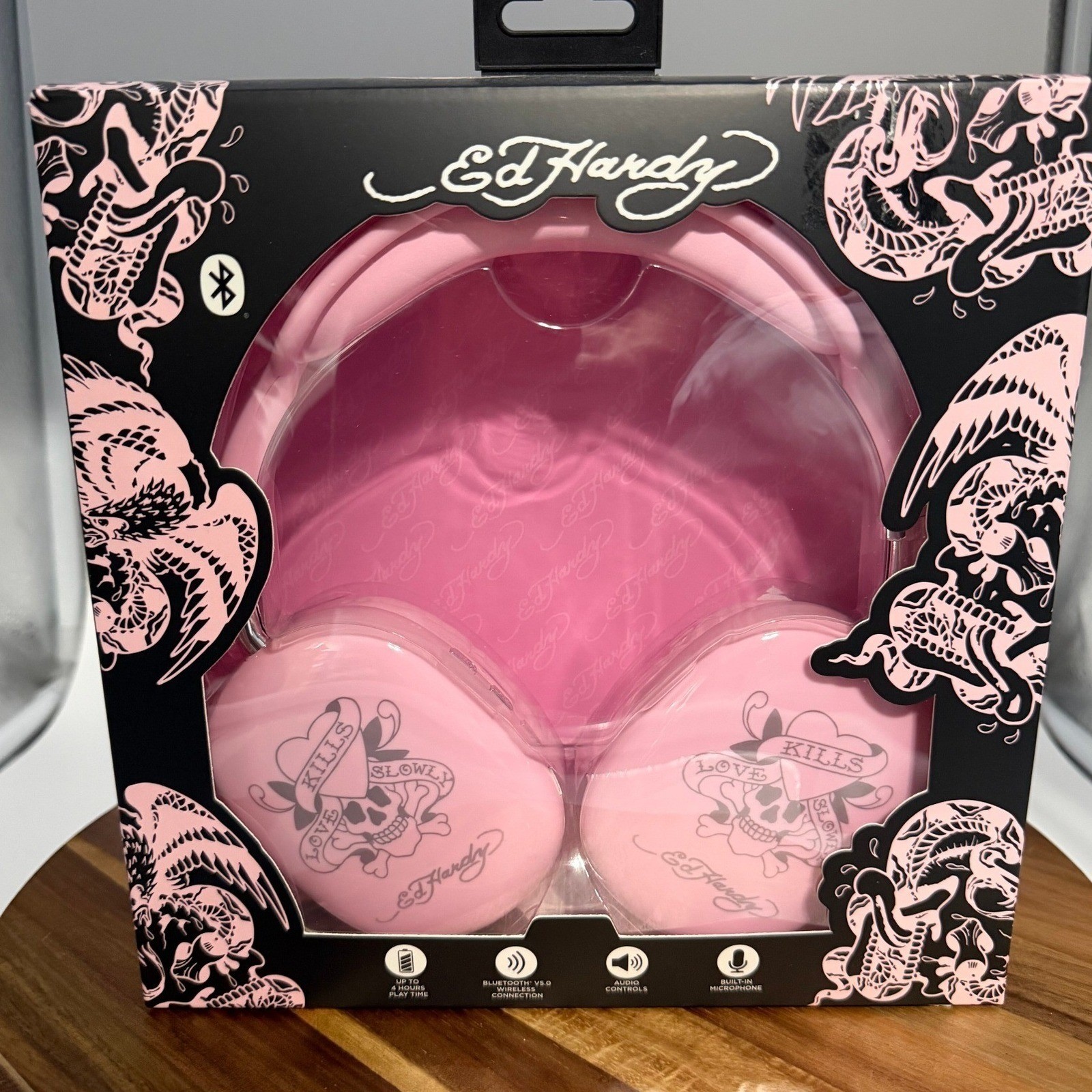 Ed Hardy Pink Wireless Headphones, Earbuds and 20W Wall Charger 3pc Bundle 0695