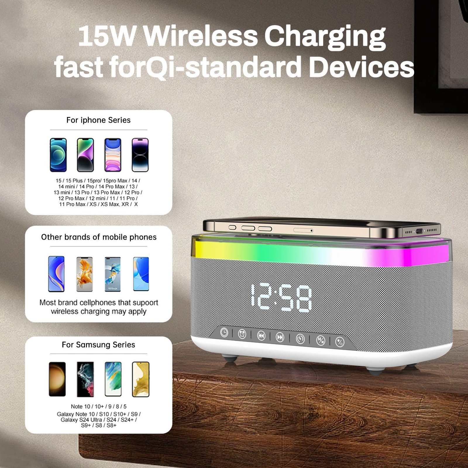 Bluetooth Speaker with Wireless Charging & Digital Clock, LED Display, 15W Qi…