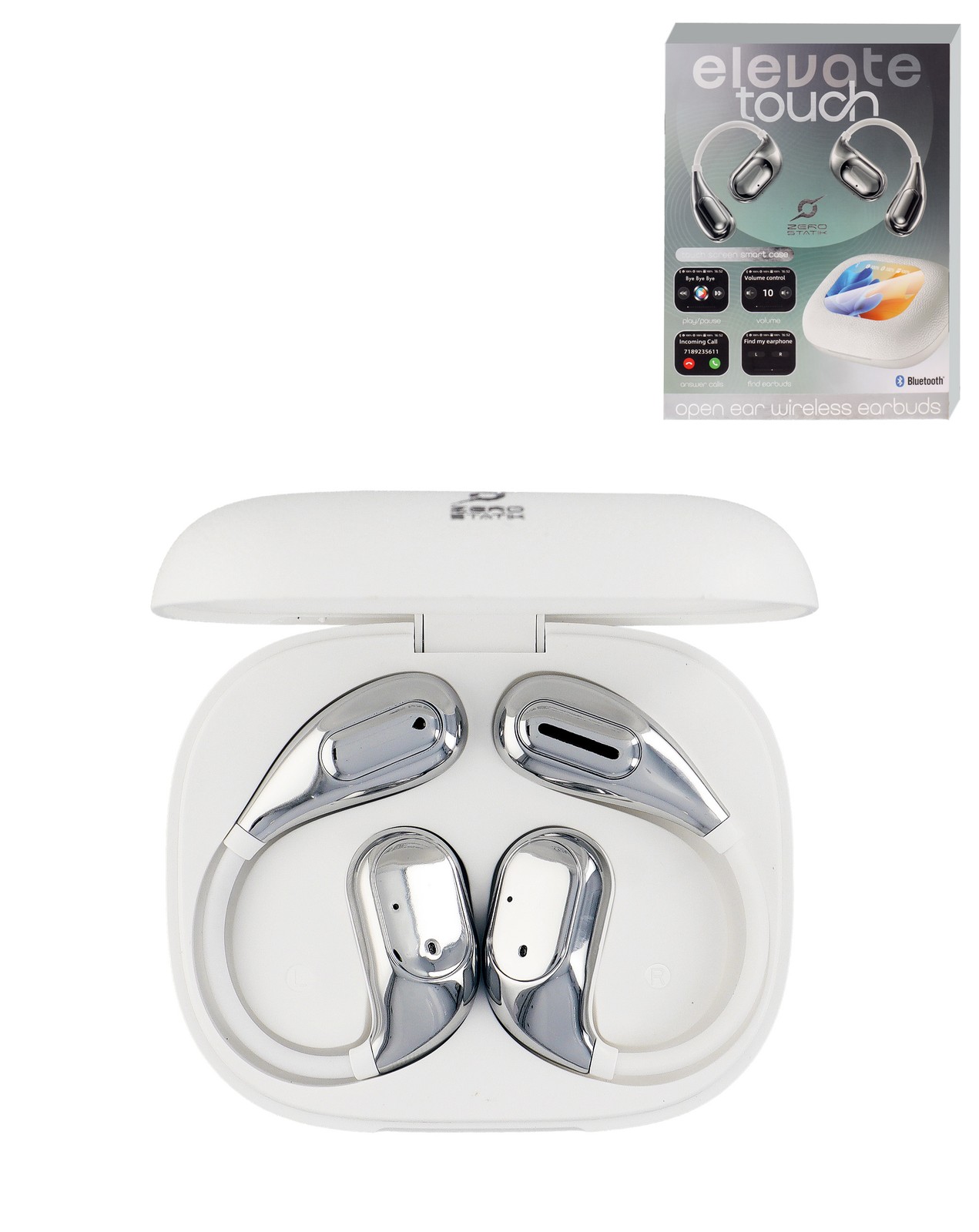 ELEVATE On-Ear True Wireless Earbuds with Touchscreen Smart Case (WHITE)