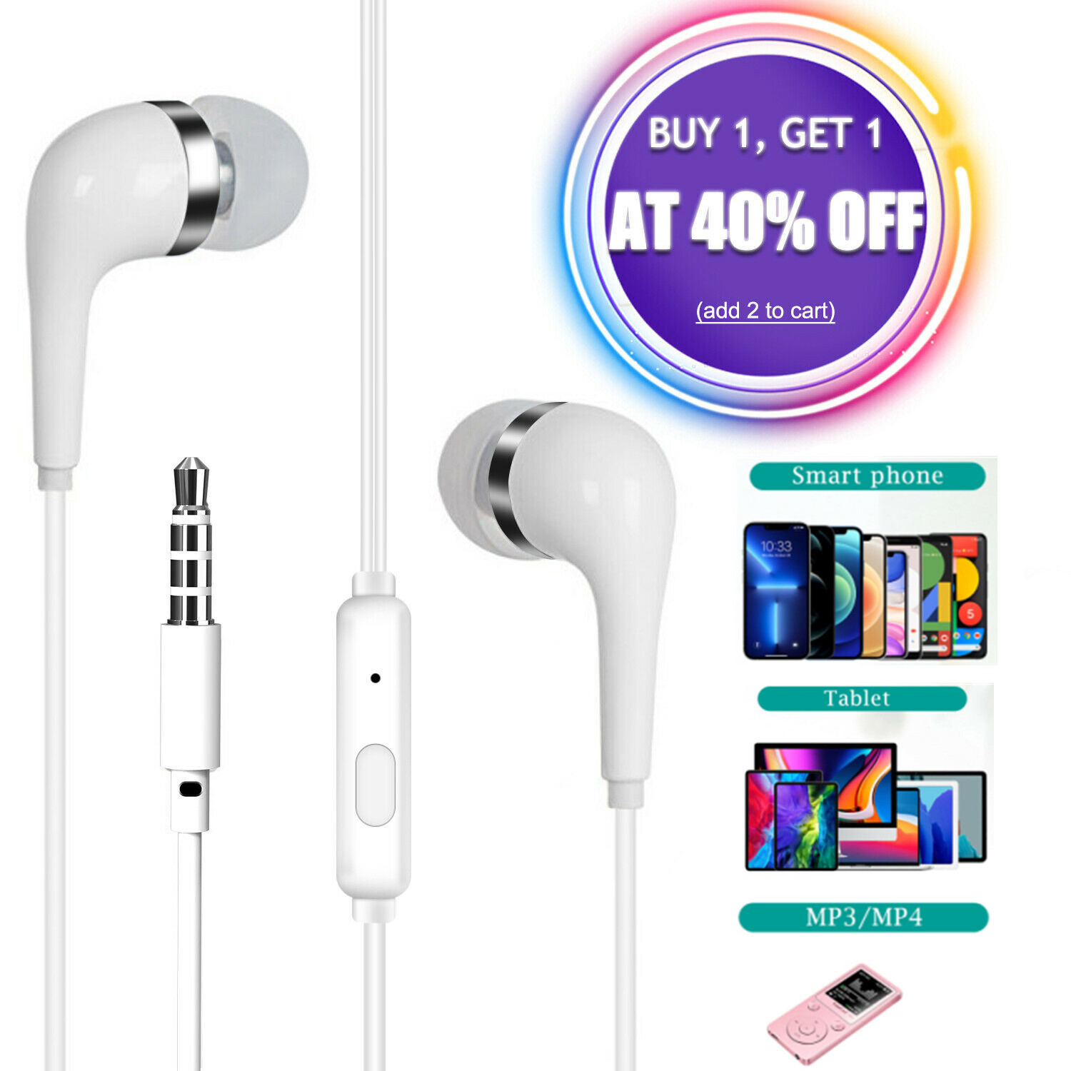 White 3.5mm In-Ear Headset Earbud Earphone Headphone Universal For iPhone Pad PC