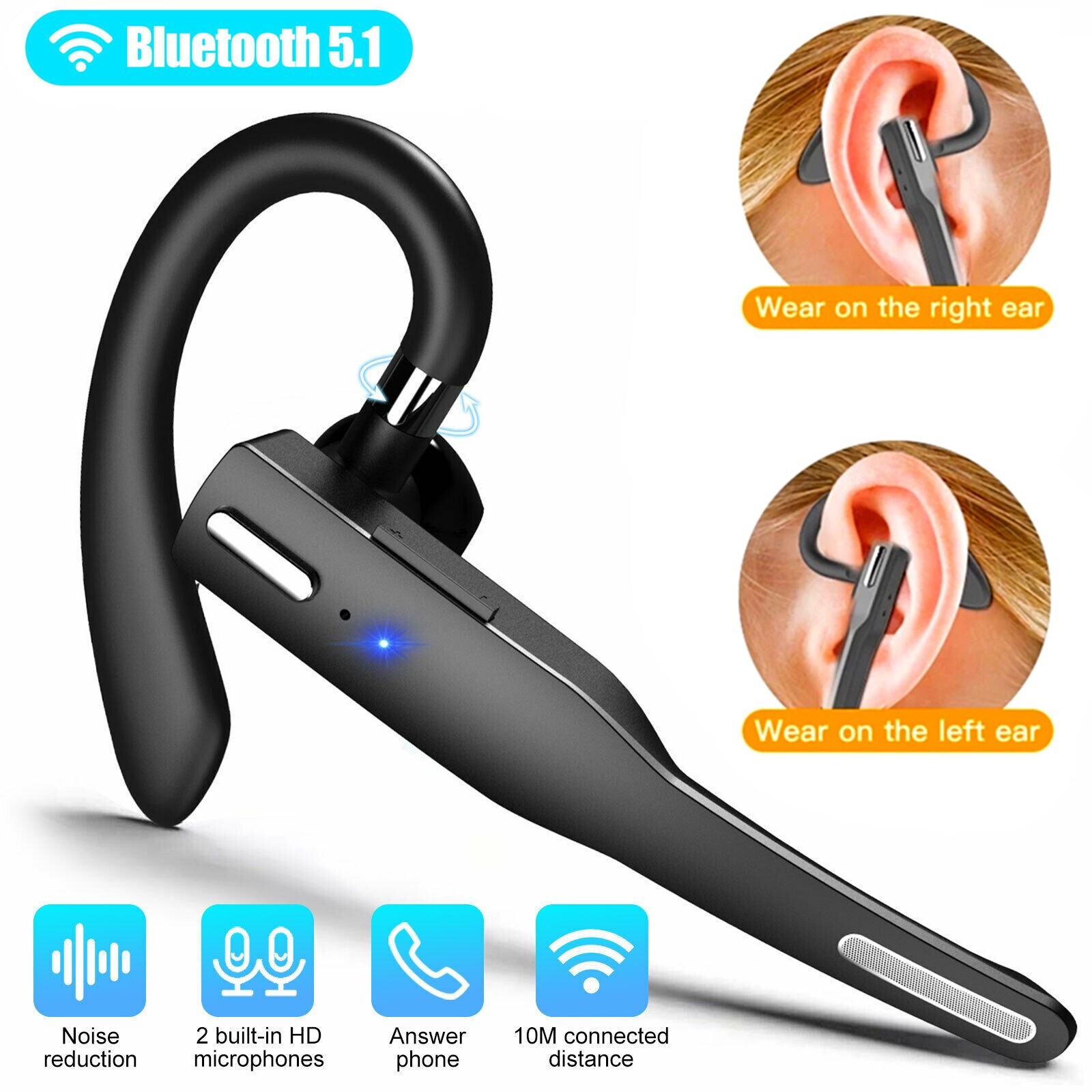 Bluetooth 5.1 Wireless Headset Earpiece Mic Earbud Noise Cancelling Headphone US