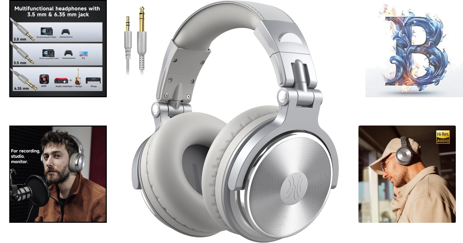 Wired Studio Monitor Headphones with Adjustable Fit and Sound Isolation – Silver
