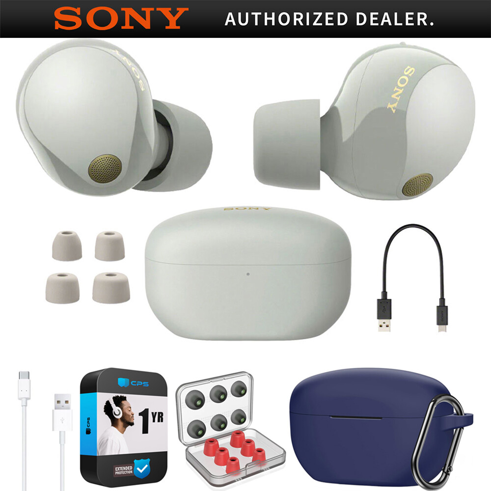 Sony Noise Canceling Truly Wireless Earbuds, Silver + Accessories + Warranty Kit